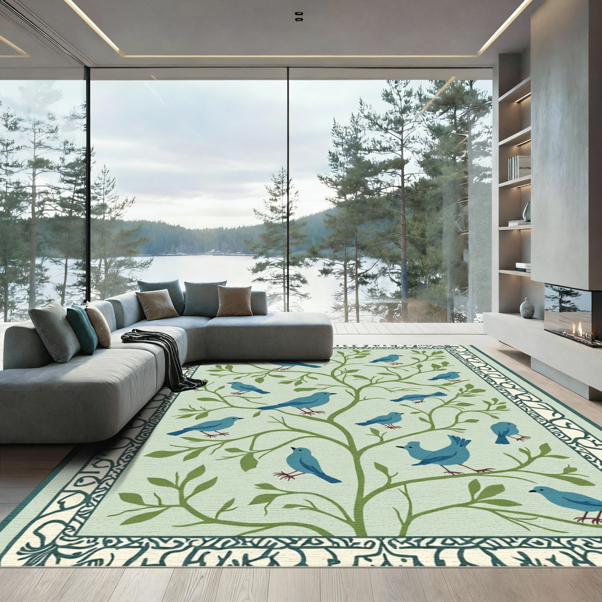 Blue Birds on Green Branches Rug