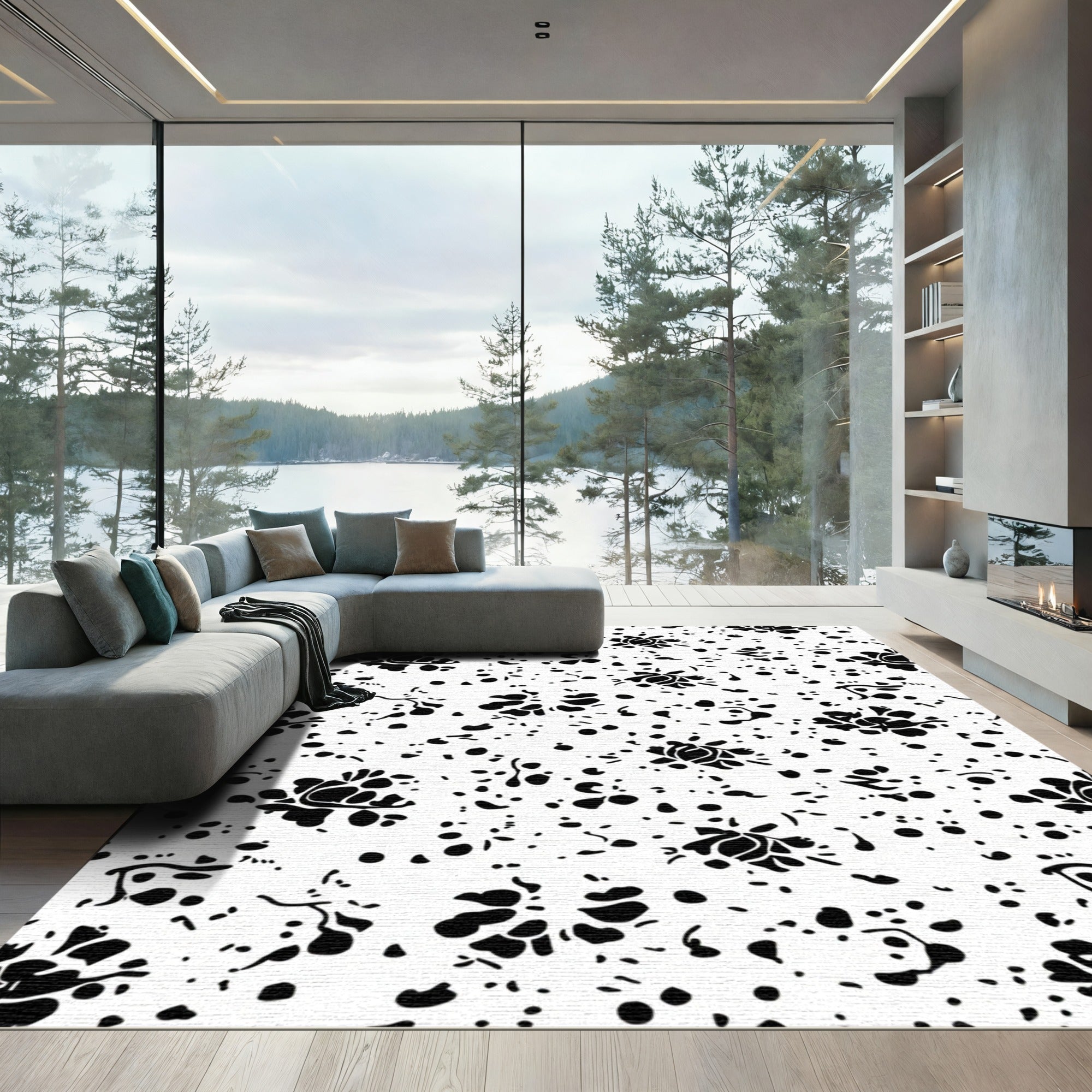 Black White Graphic Floral Scatter Rug