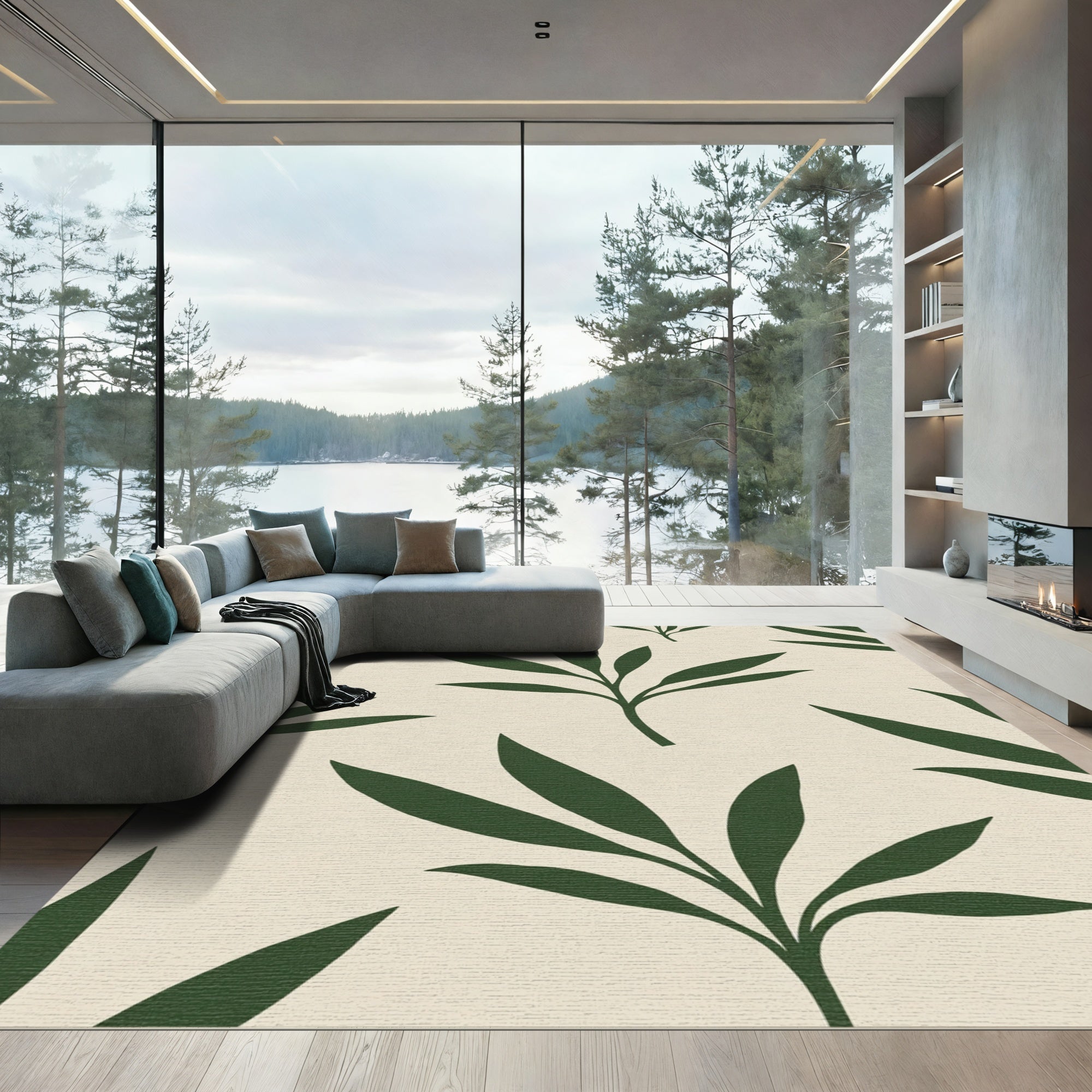 Deep Forest Leaf Branch Arrangement Rug