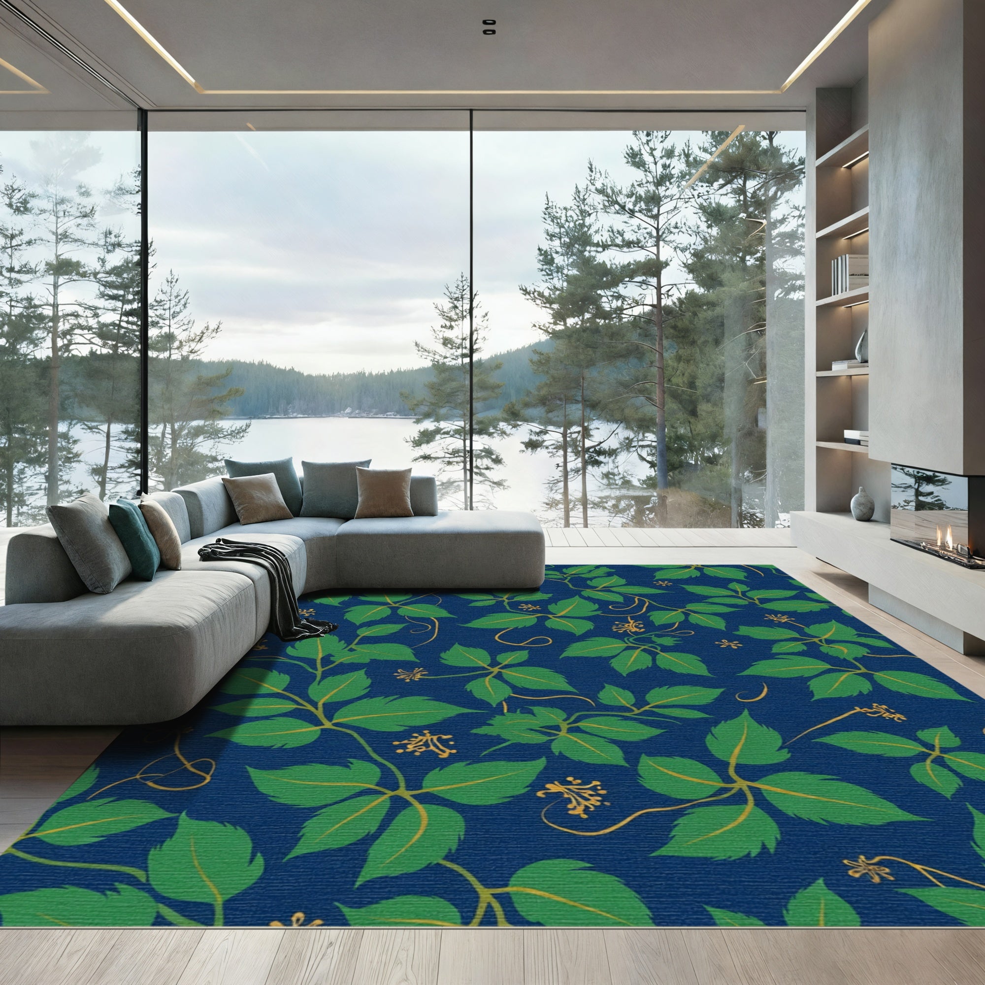 Deep Blue Lush Green Vine Rug