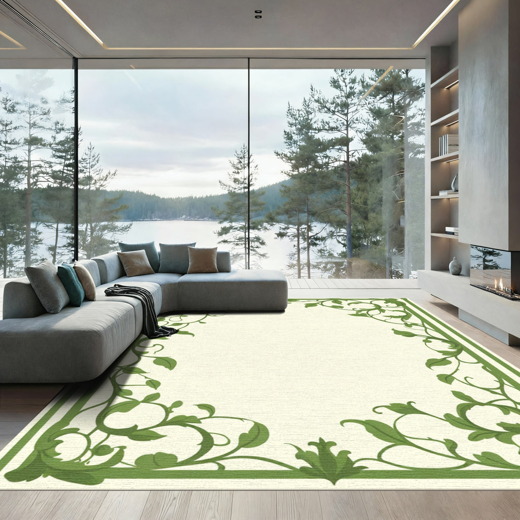 Green Vine Embrace Floral Border Rug