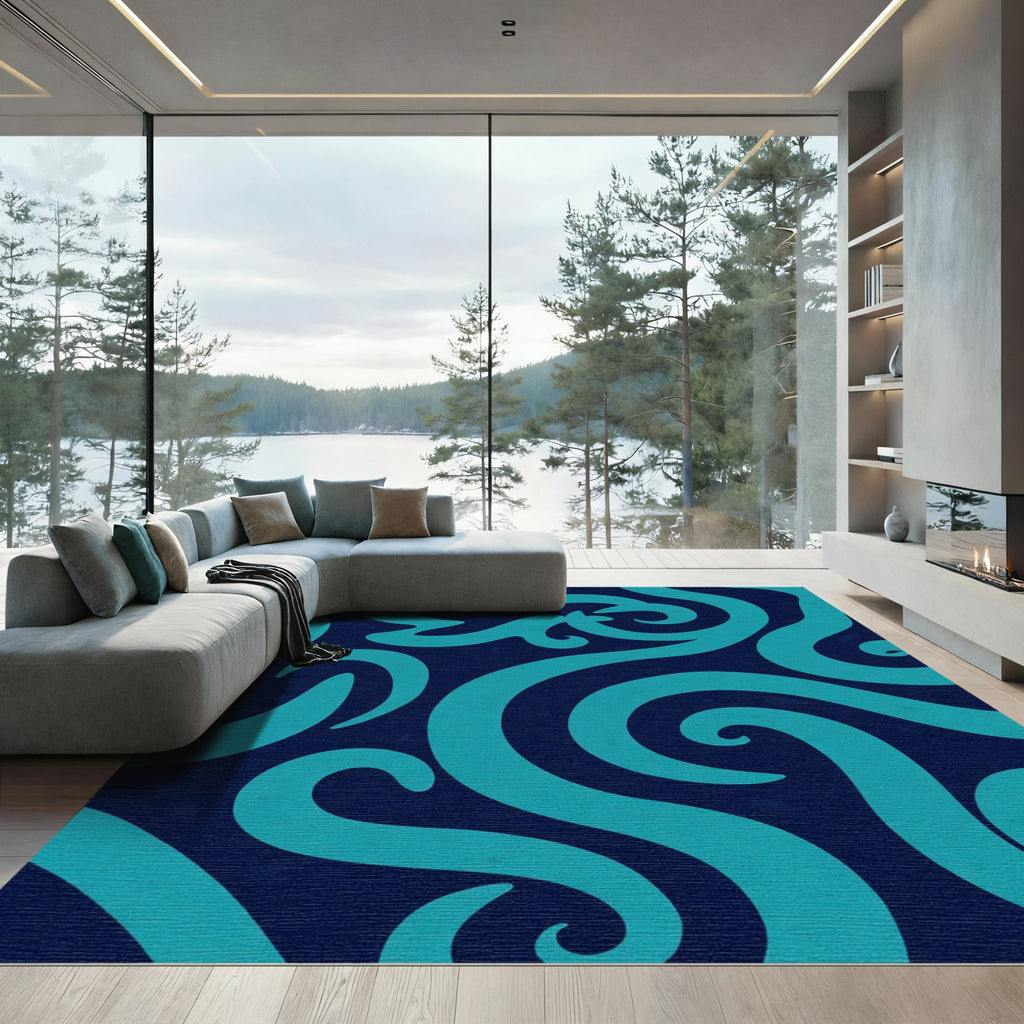 Teal Swirls On Navy Ocean Rug