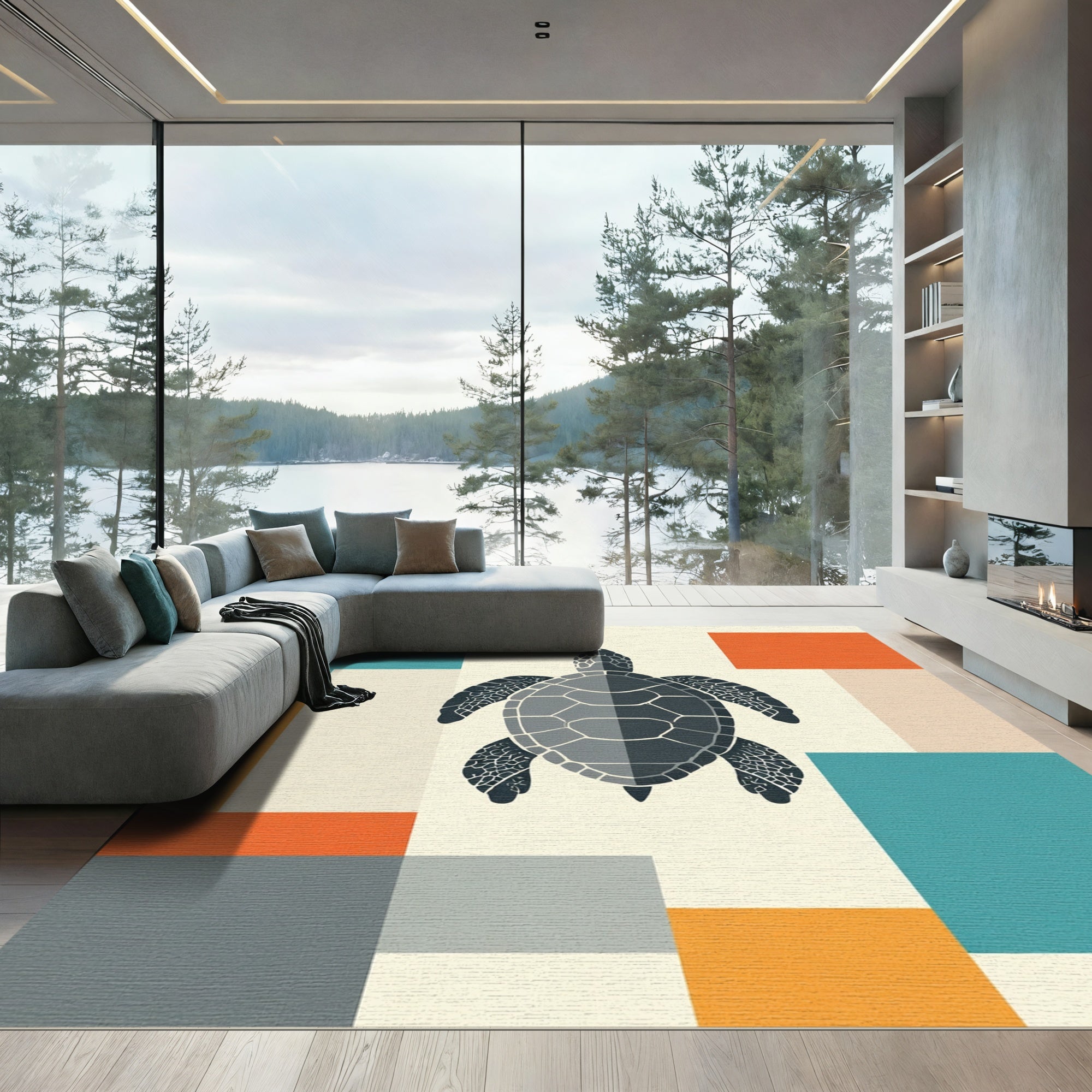 Gray Sea Turtle Geometric Arrangement Rug