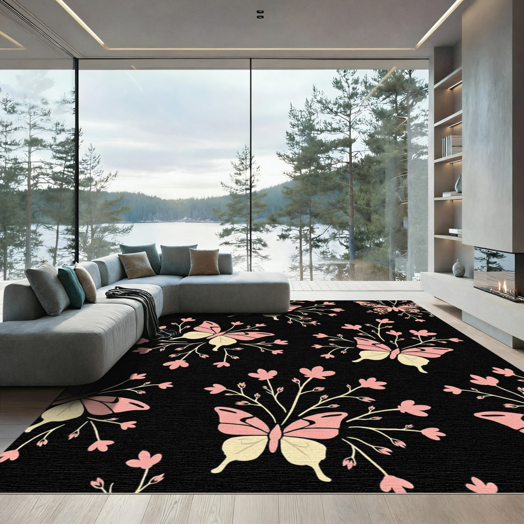 Whimsical Pink Butterfly Garden Black Rug