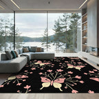 Whimsical Pink Butterfly Garden Black Rug