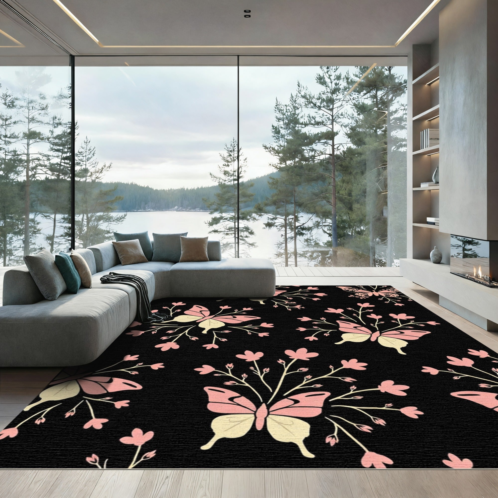Whimsical Pink Butterfly Garden Black Rug