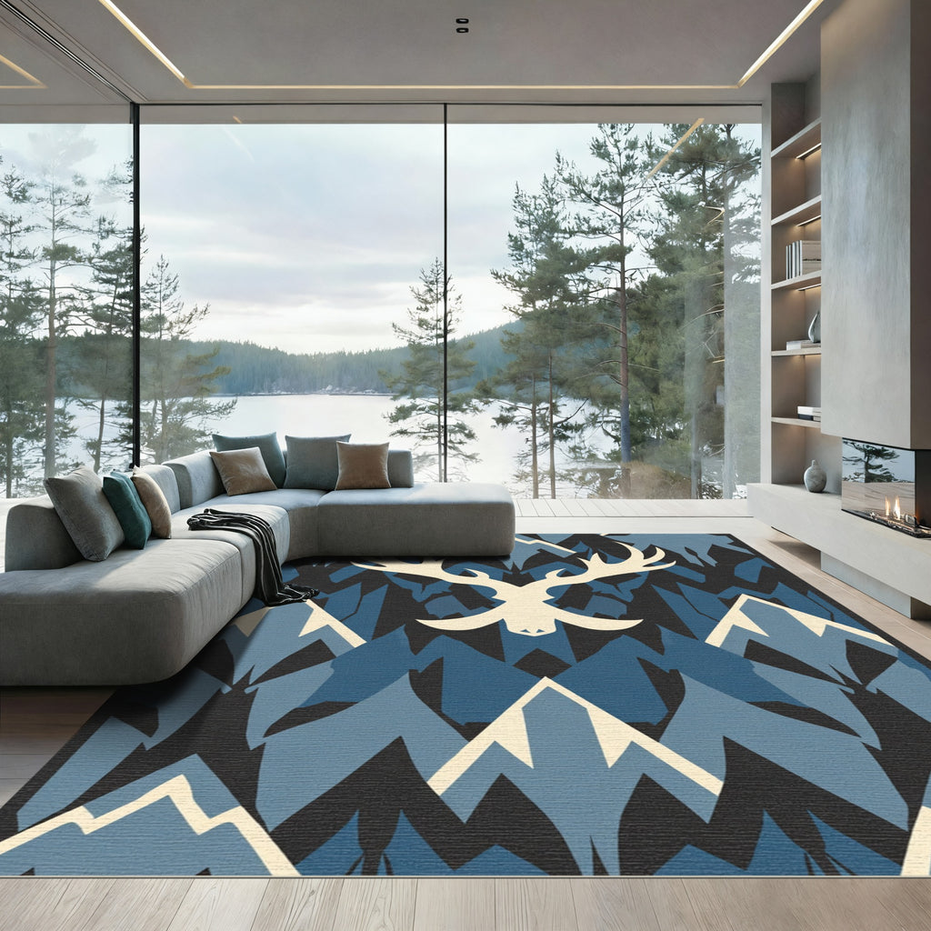 Cream Antlered Animal Blue Mountains Rug