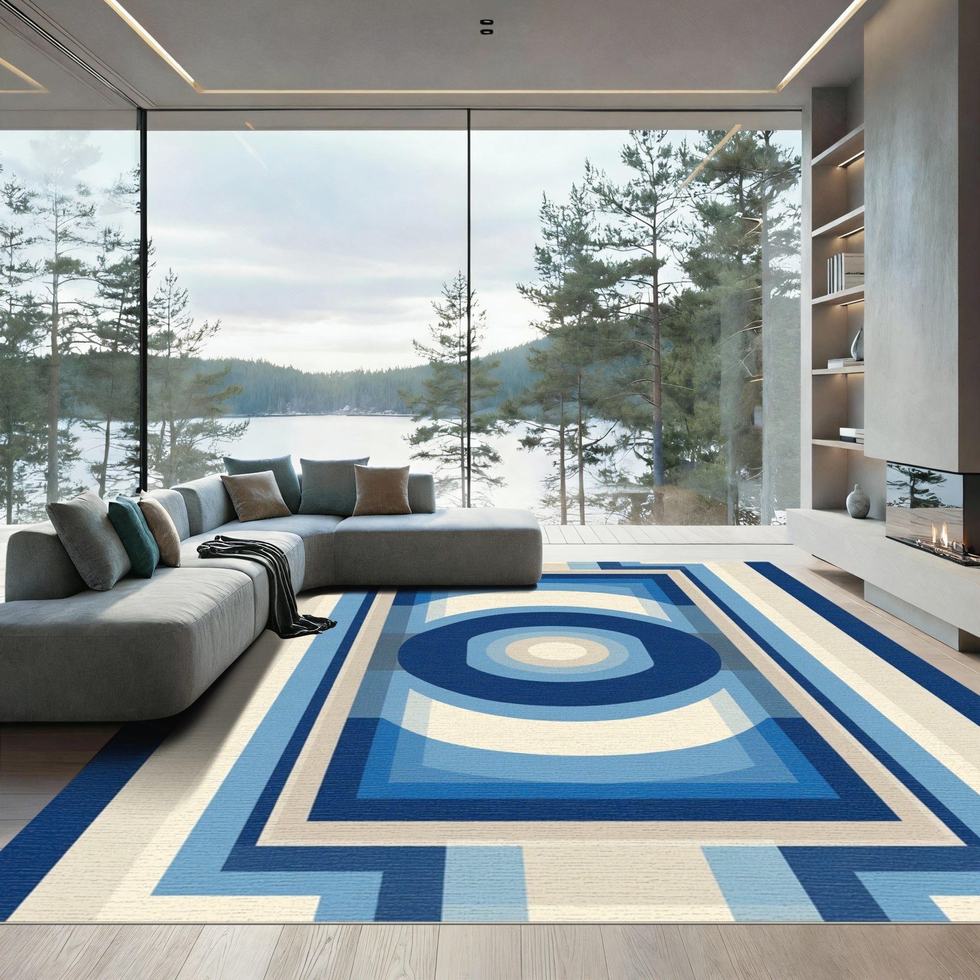 Retro Blue Geometric Concentric Circles Rug