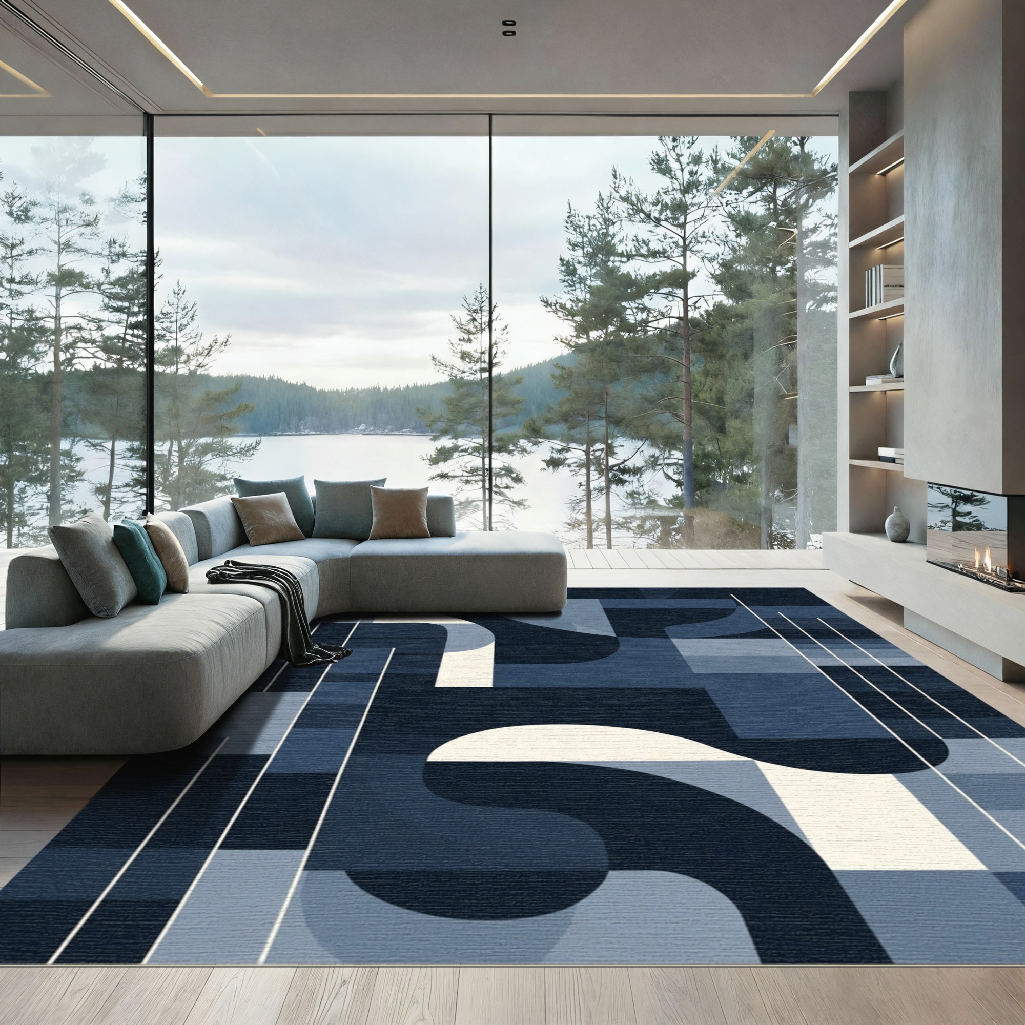 Deep Blue Abstract Geo Wave Rug