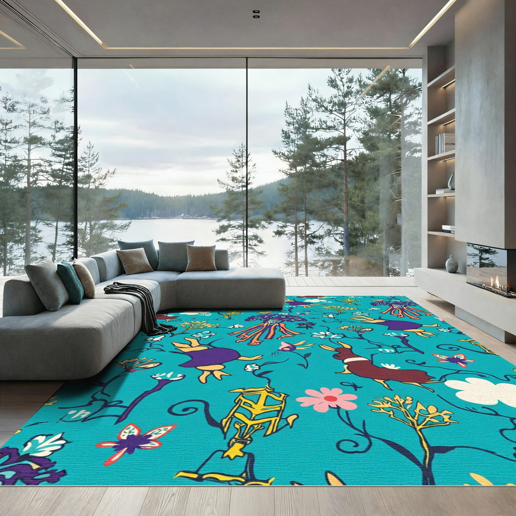 Whimsical Teal Floral Bunny Garden Rug