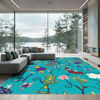 Whimsical Teal Floral Bunny Garden Rug