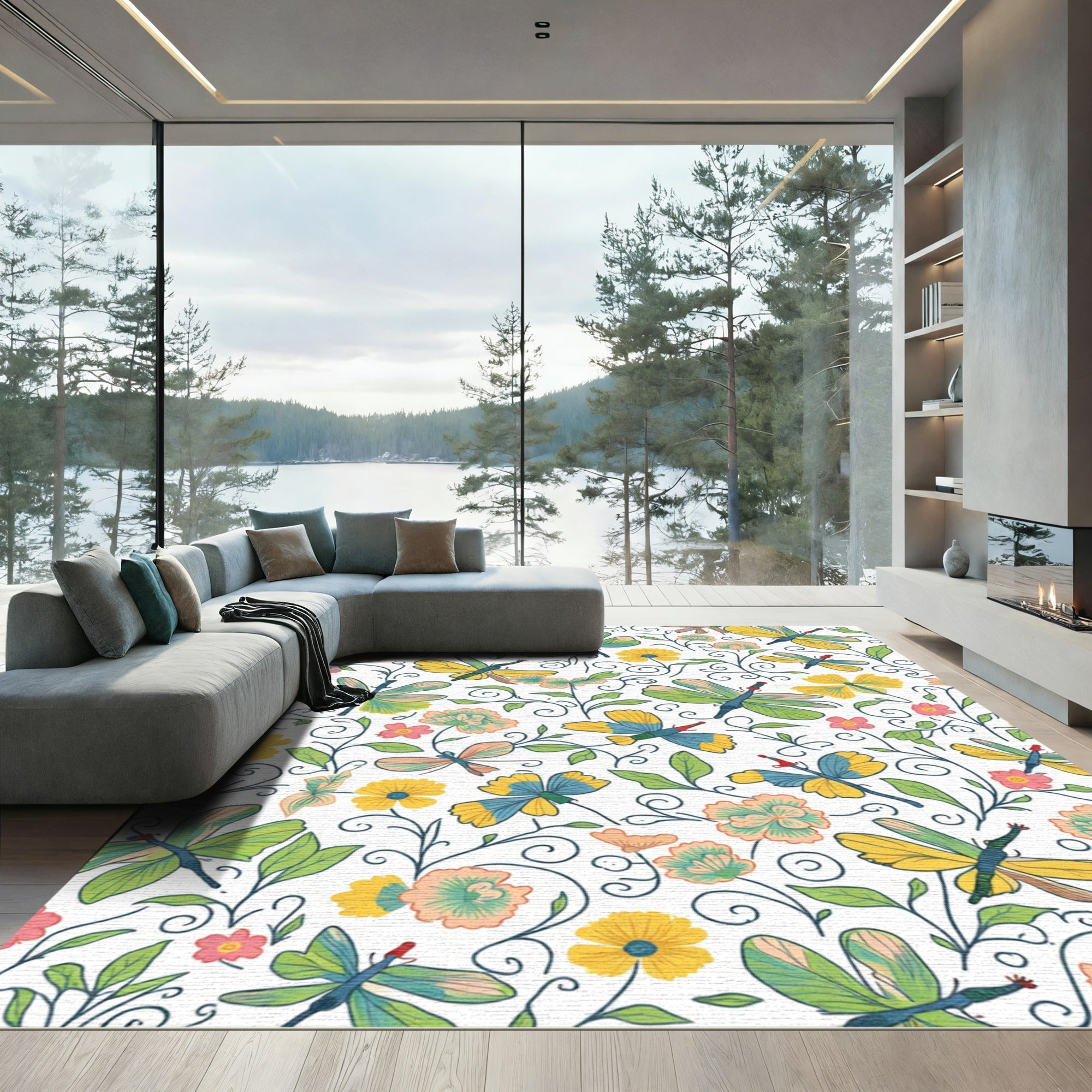Whimsical Dragonfly Garden Floral Pattern Rug