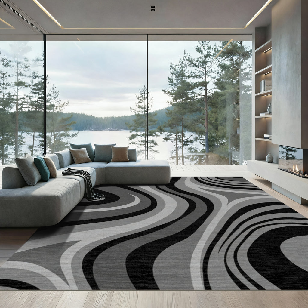Monochrome Wavy Stripe Abstract Rug