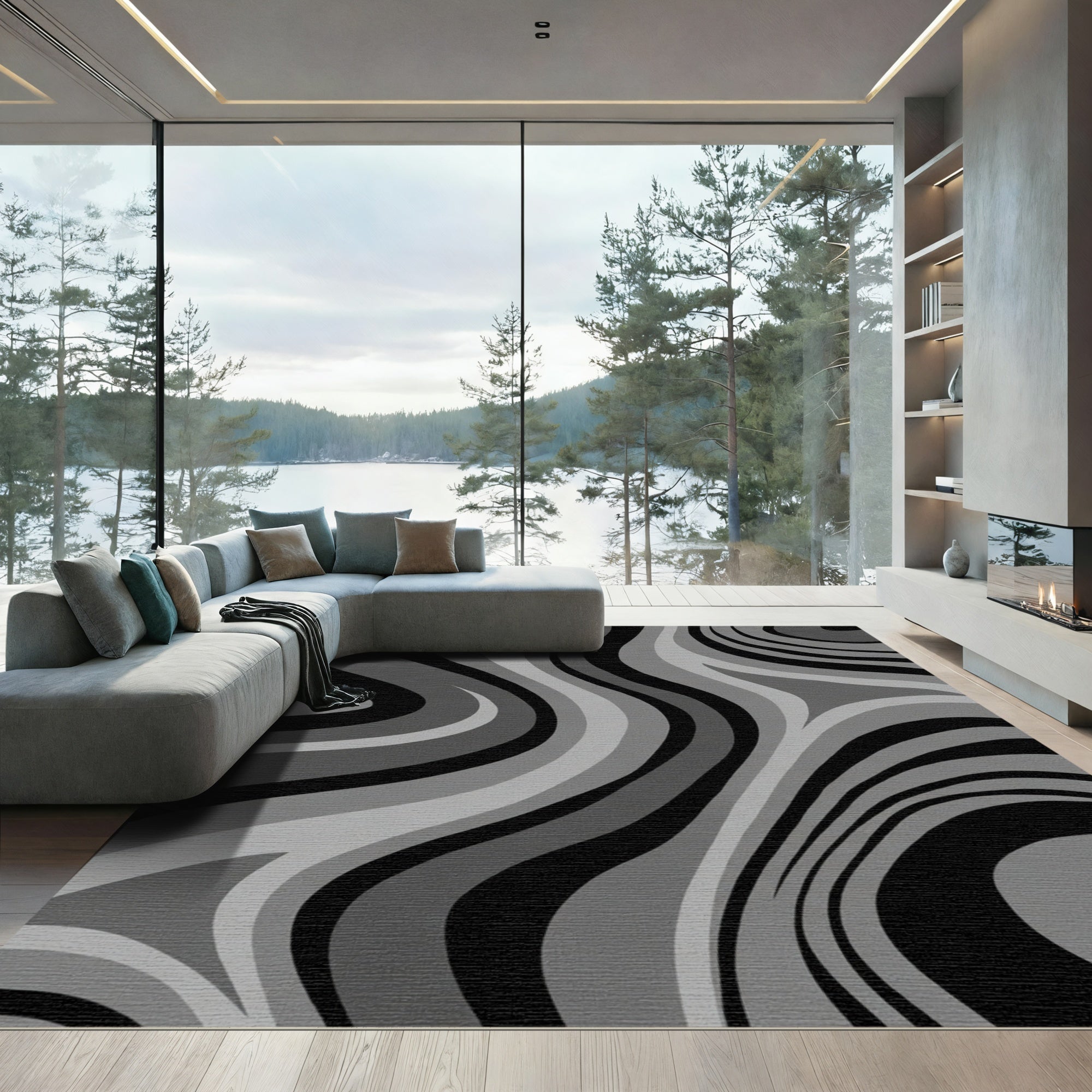 Monochrome Wavy Stripe Abstract Rug