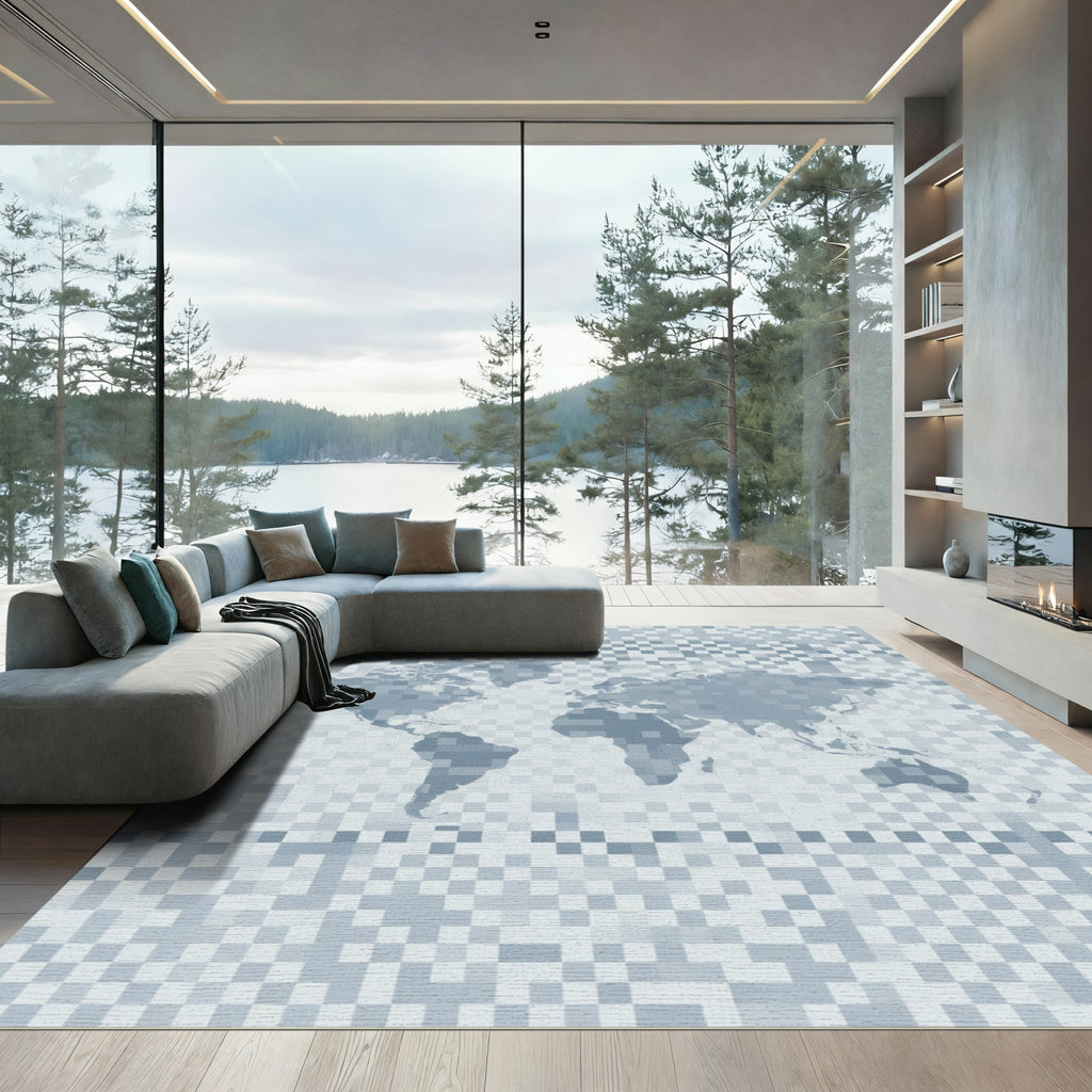 Pixelated World Map Gray Rug