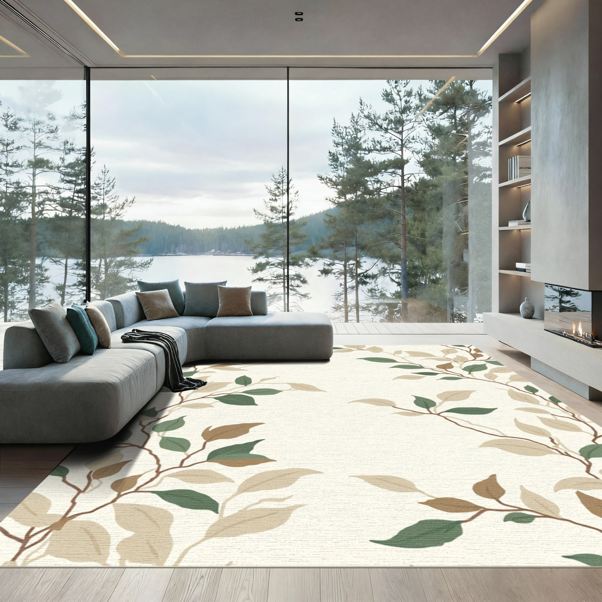 Earthy Green Beige Leafy Vine Rug