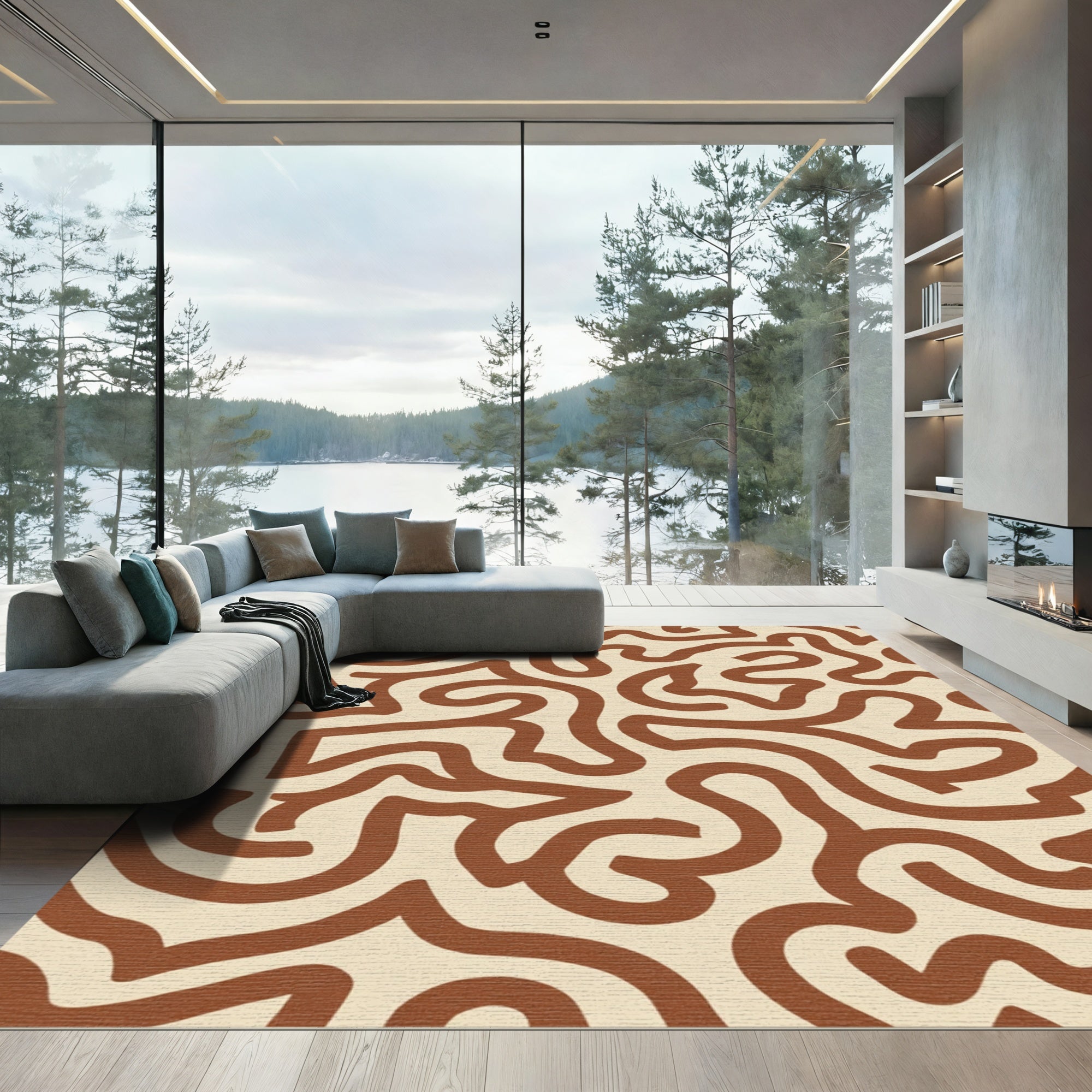 Earthy Brown Abstract Continuous Line Rug