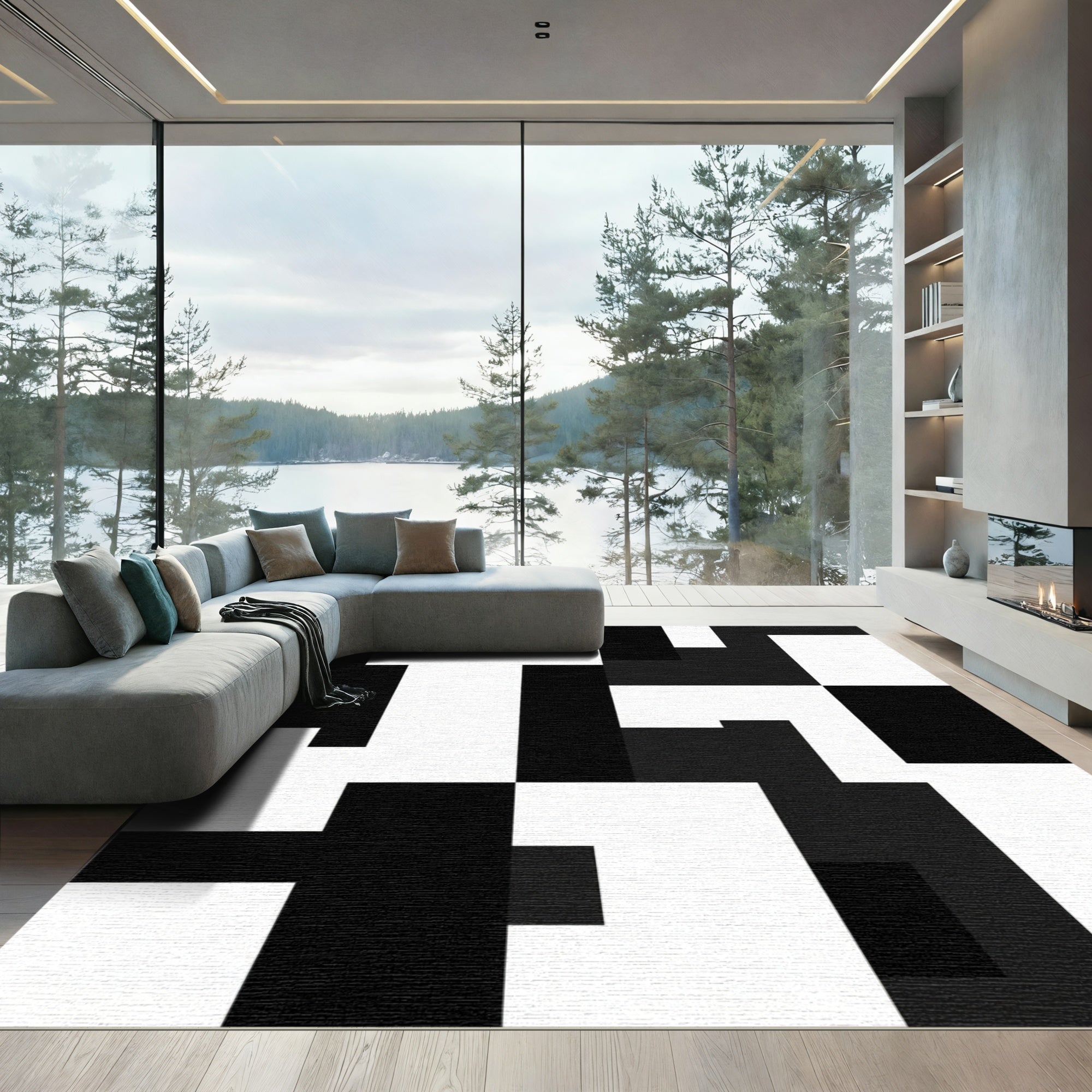 Modern Black White Abstract Blocks Rug