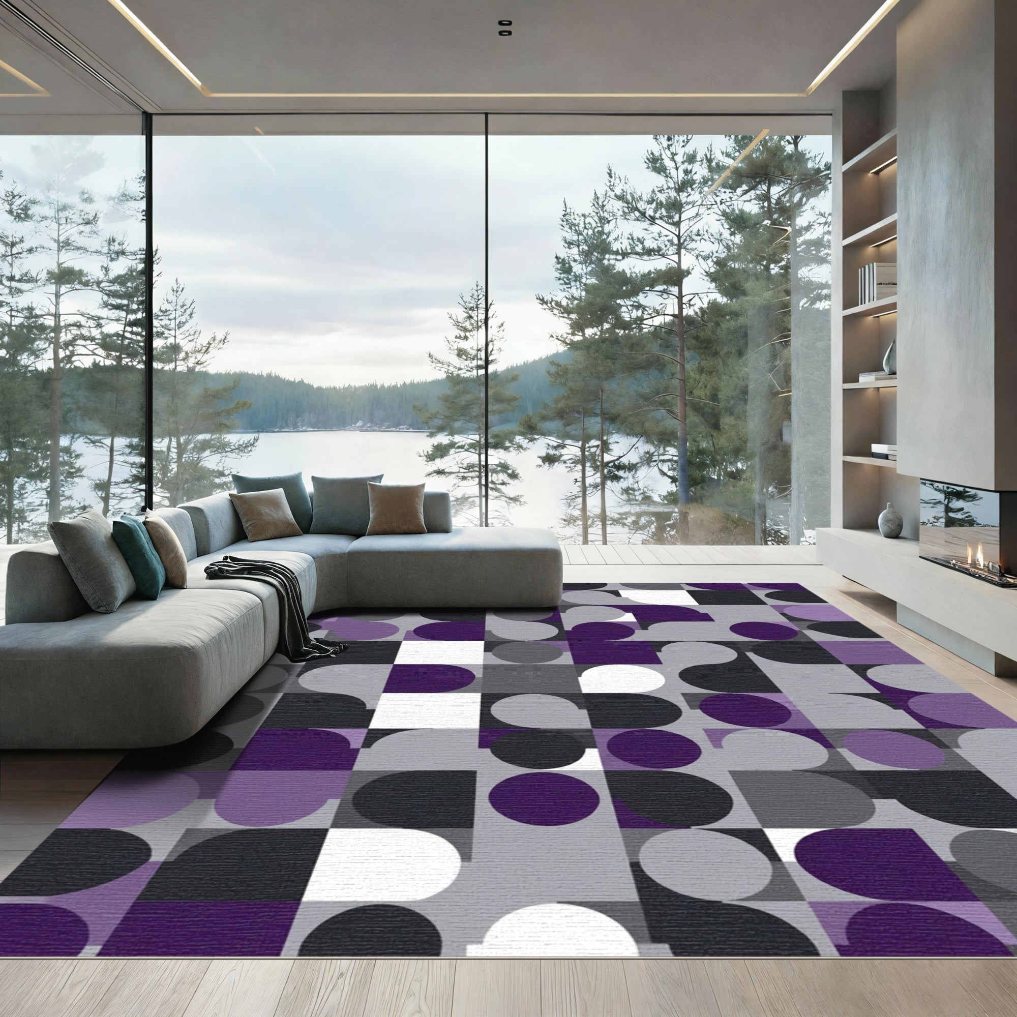 Modern Purple Gray Geometric Circles Rug