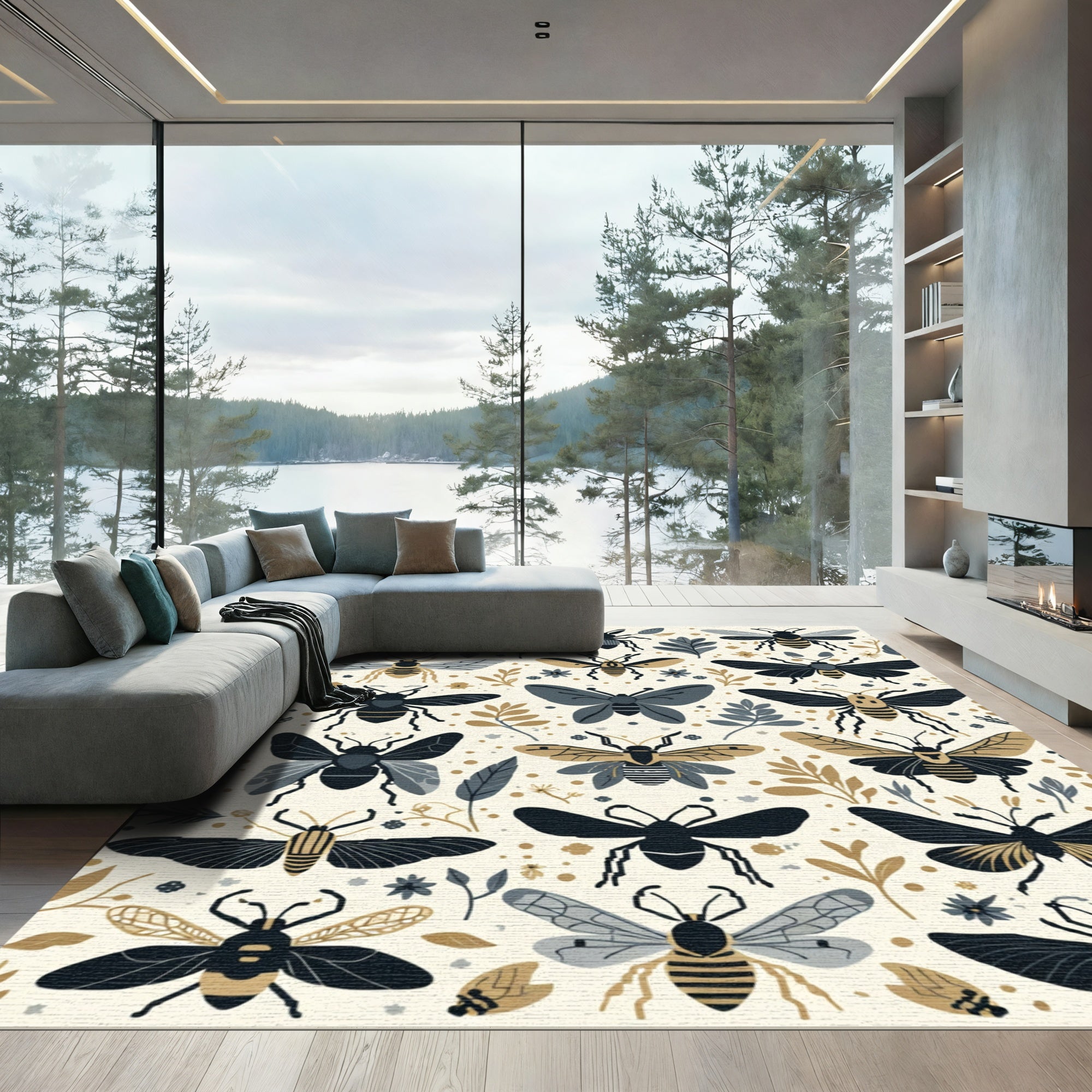 Textured Insects And Botanical Elements Rug
