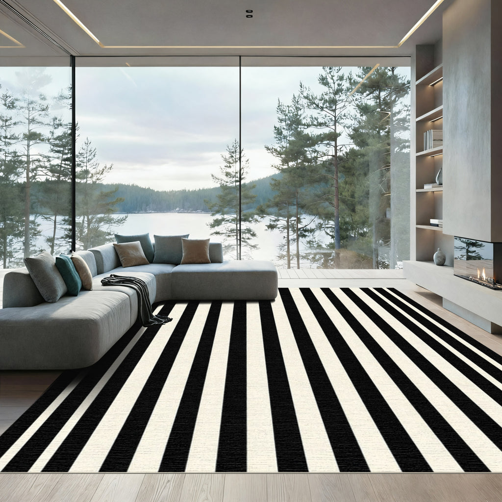 Bold Black White Parallel Line Art Rug