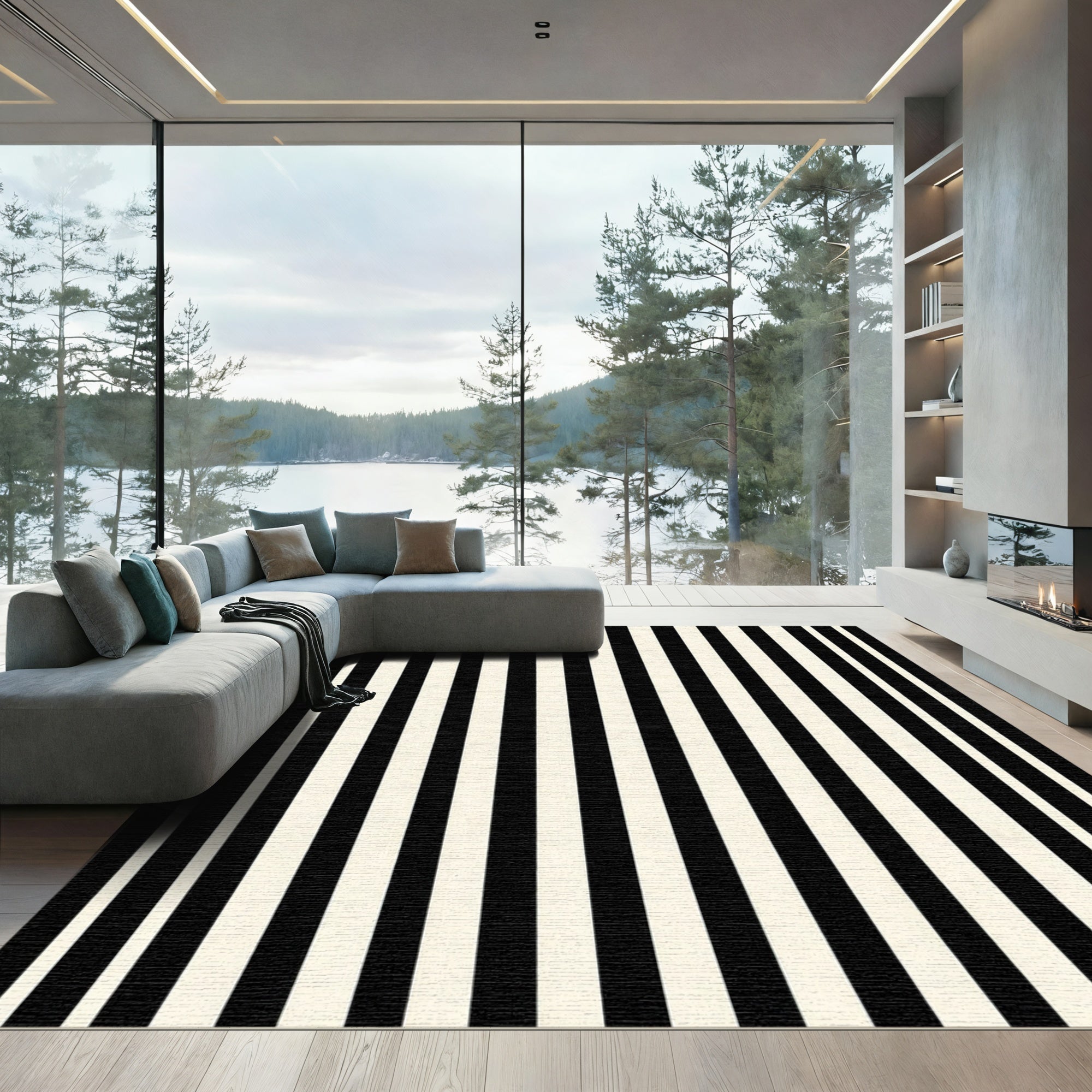 Bold Black White Parallel Line Art Rug