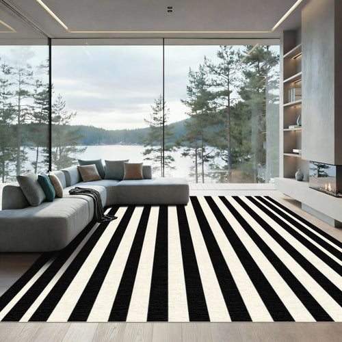 Bold Black White Parallel Line Art Rug