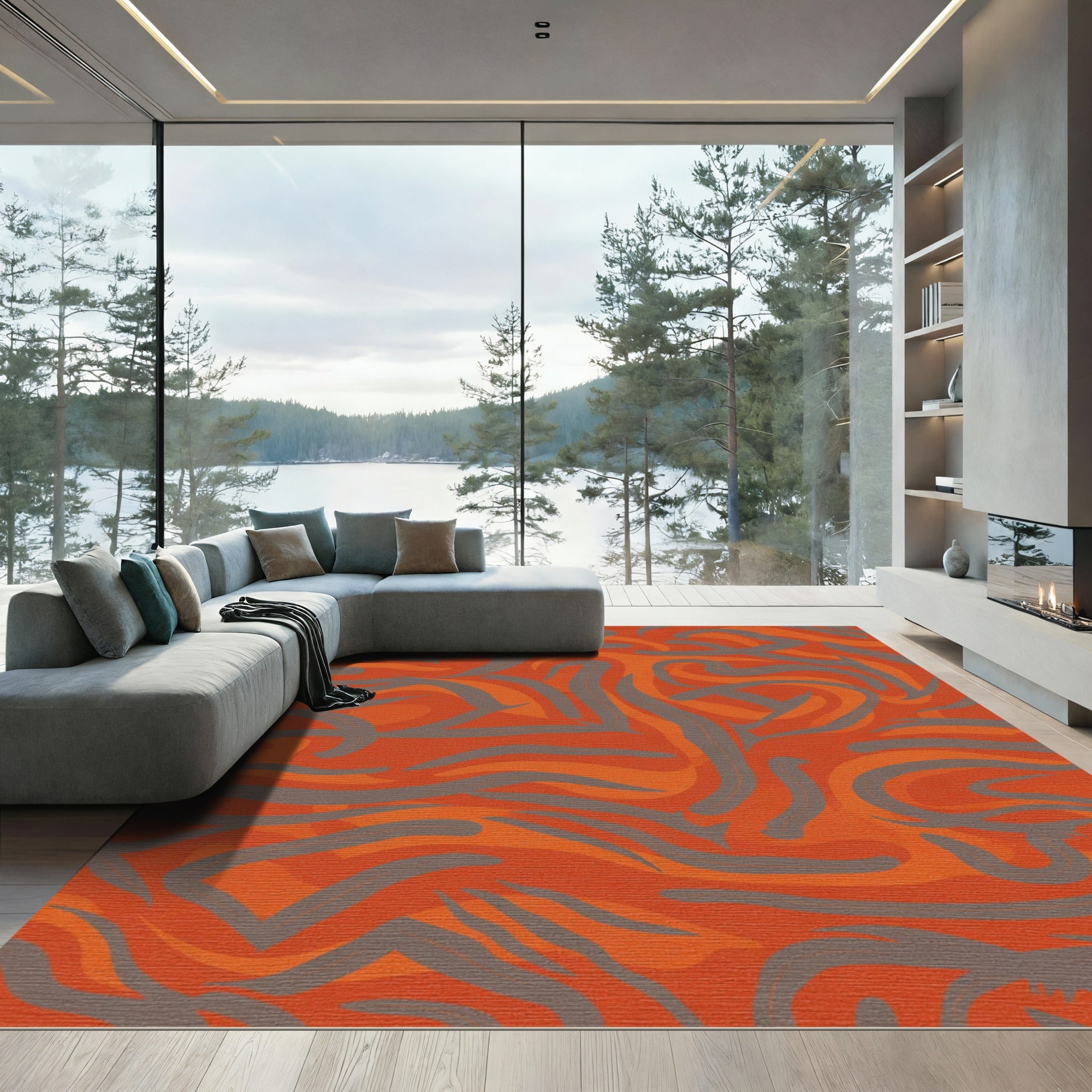 Bold Orange Gray Swirl Abstract Rug