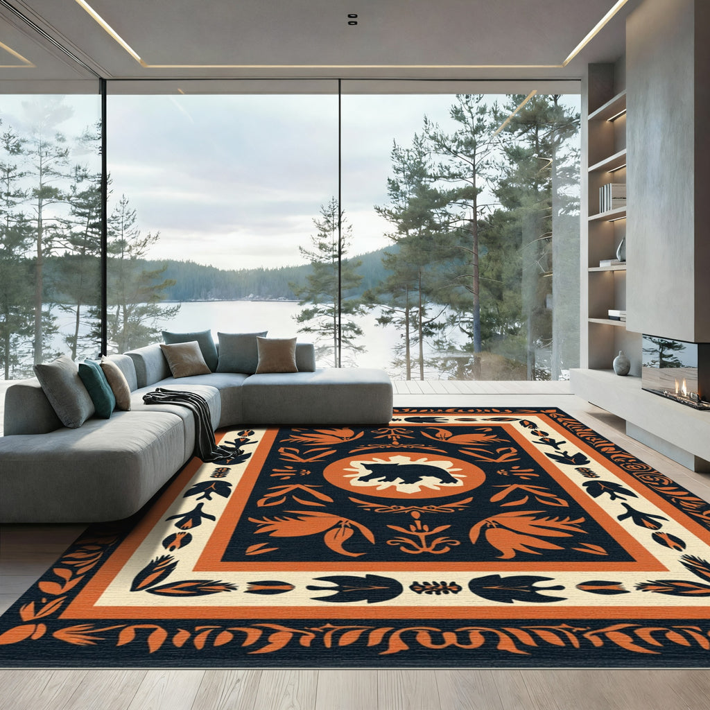 Black and Orange Bear Floral Border Rug