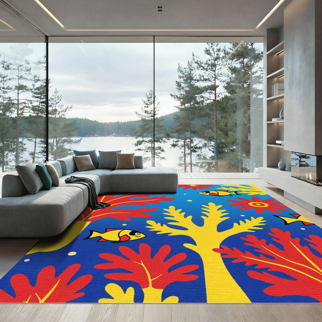 Whimsical Red Yellow Fish Coral Scene Rug