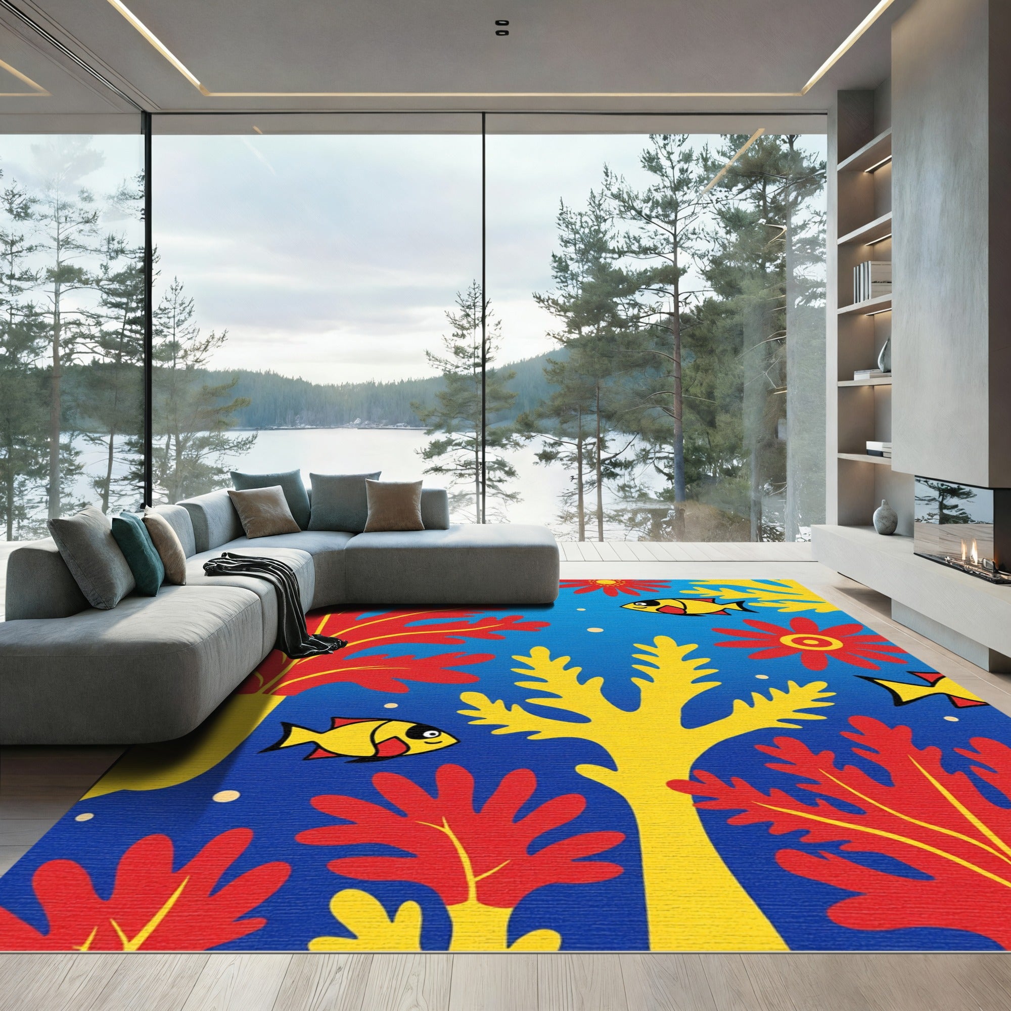 Whimsical Red Yellow Fish Coral Scene Rug