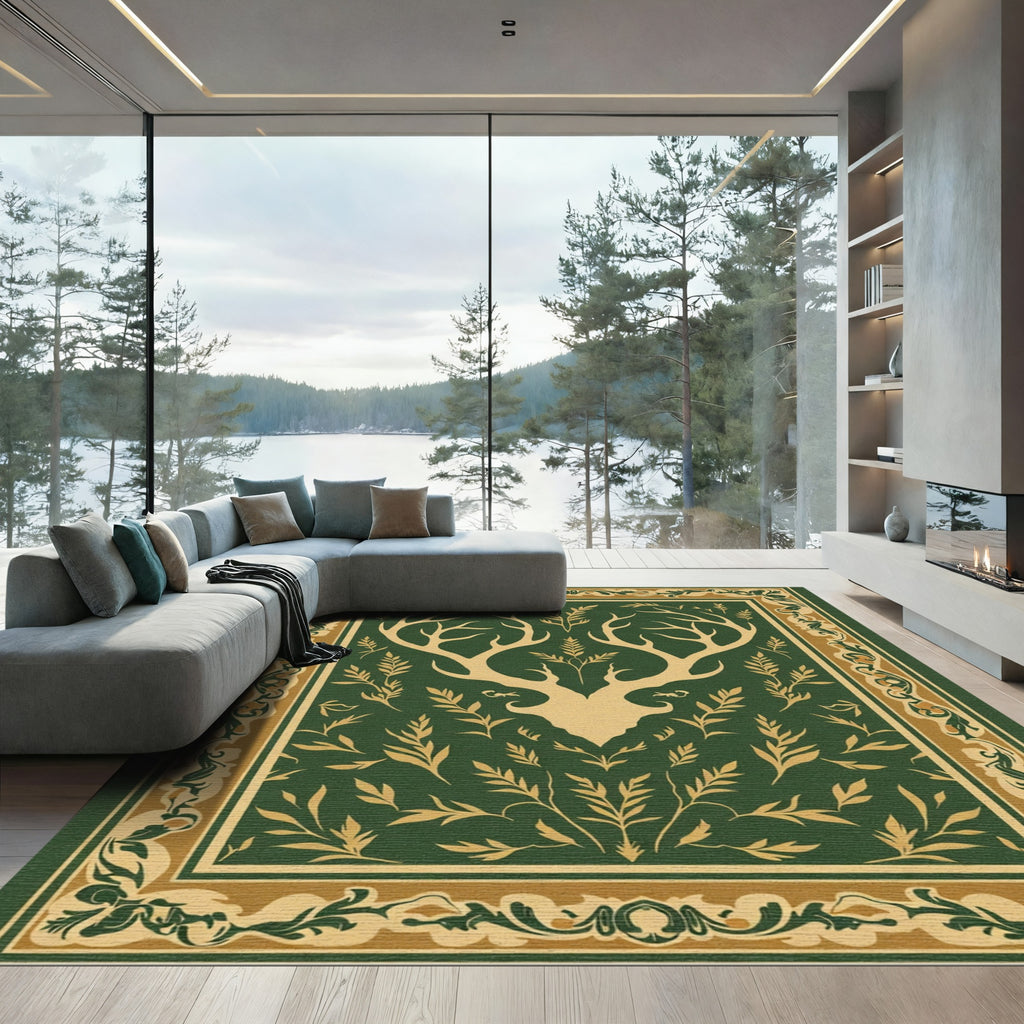 Golden Antlers Green Floral Border Rug