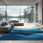 Crimson Sun Blue Mountain Abstract Waves Rug