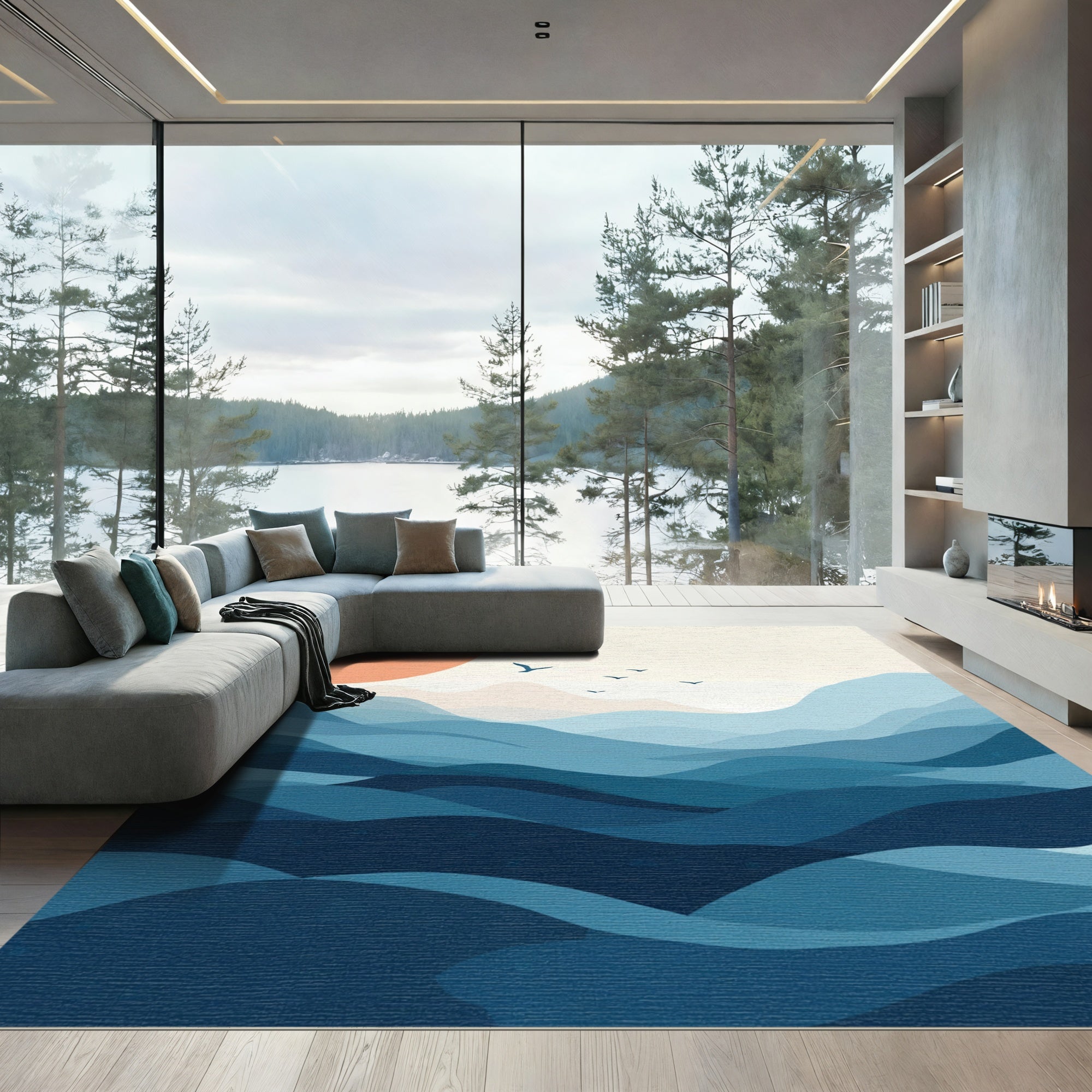 Crimson Sun Blue Mountain Abstract Waves Rug