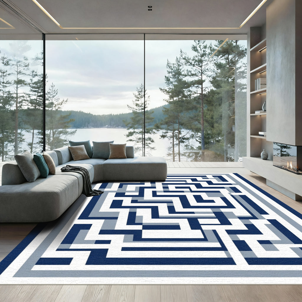 Navy Blue Geometric Maze Layers Rug