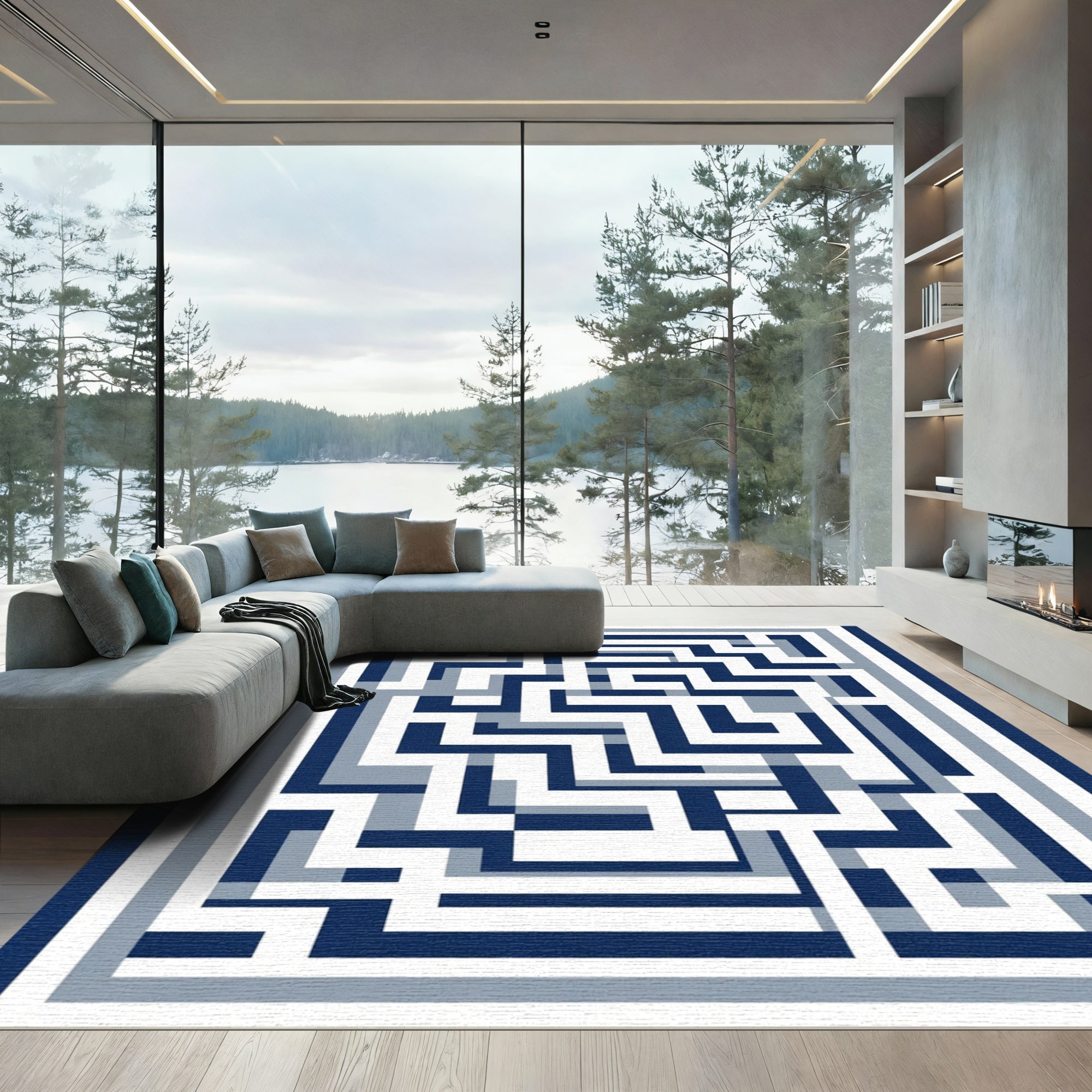 Navy Blue Geometric Maze Layers Rug