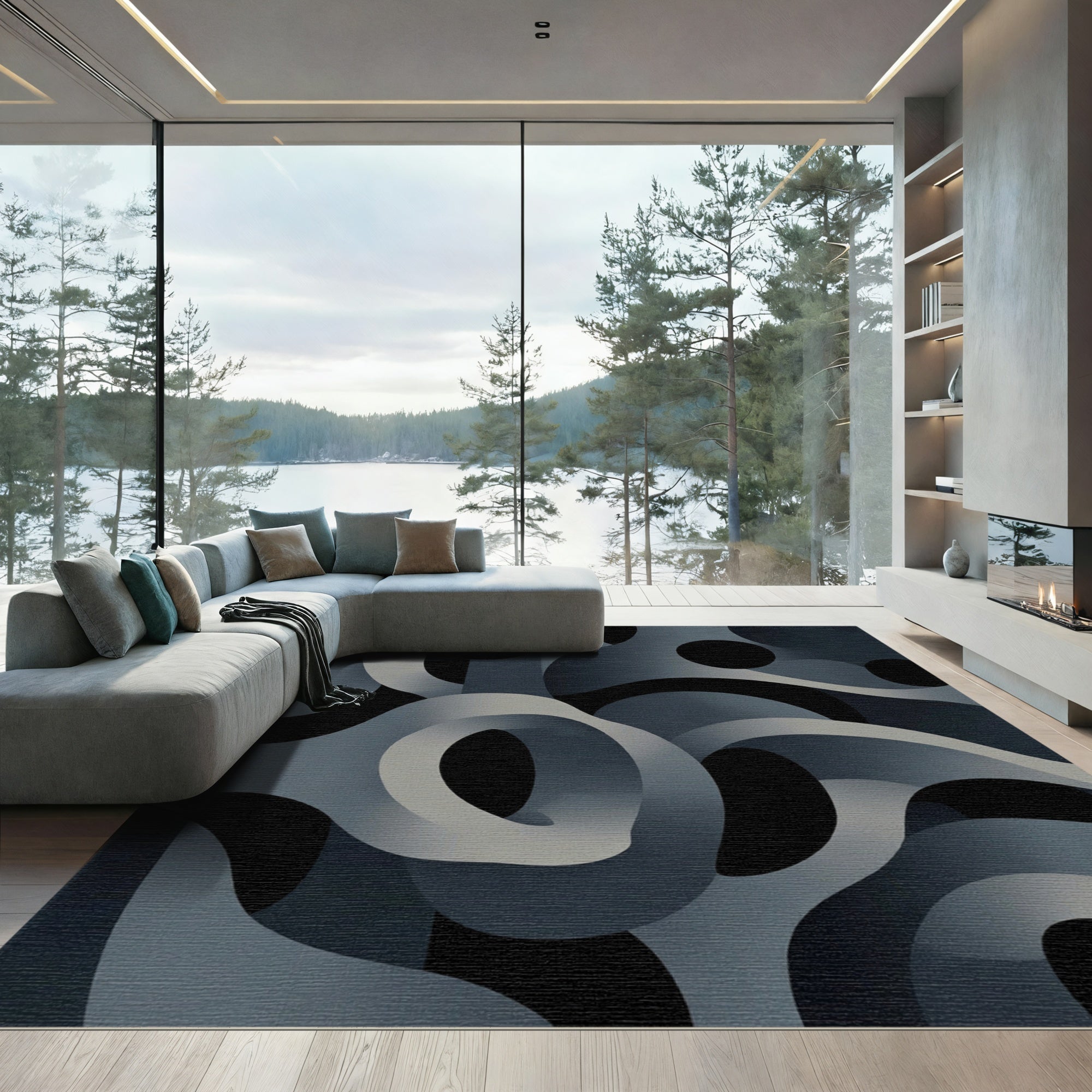 Dark Gray Abstract Interlocking Loops Rug