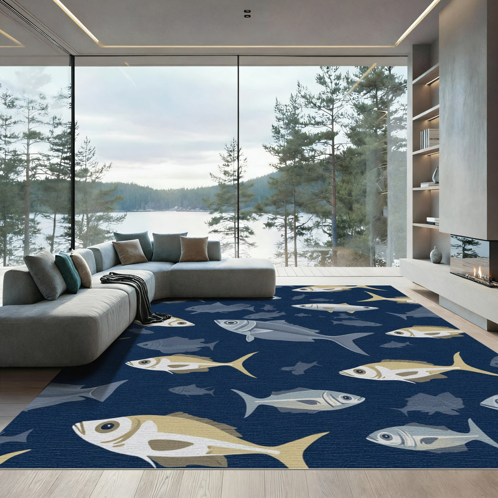 Deep Blue School of Fish Rug