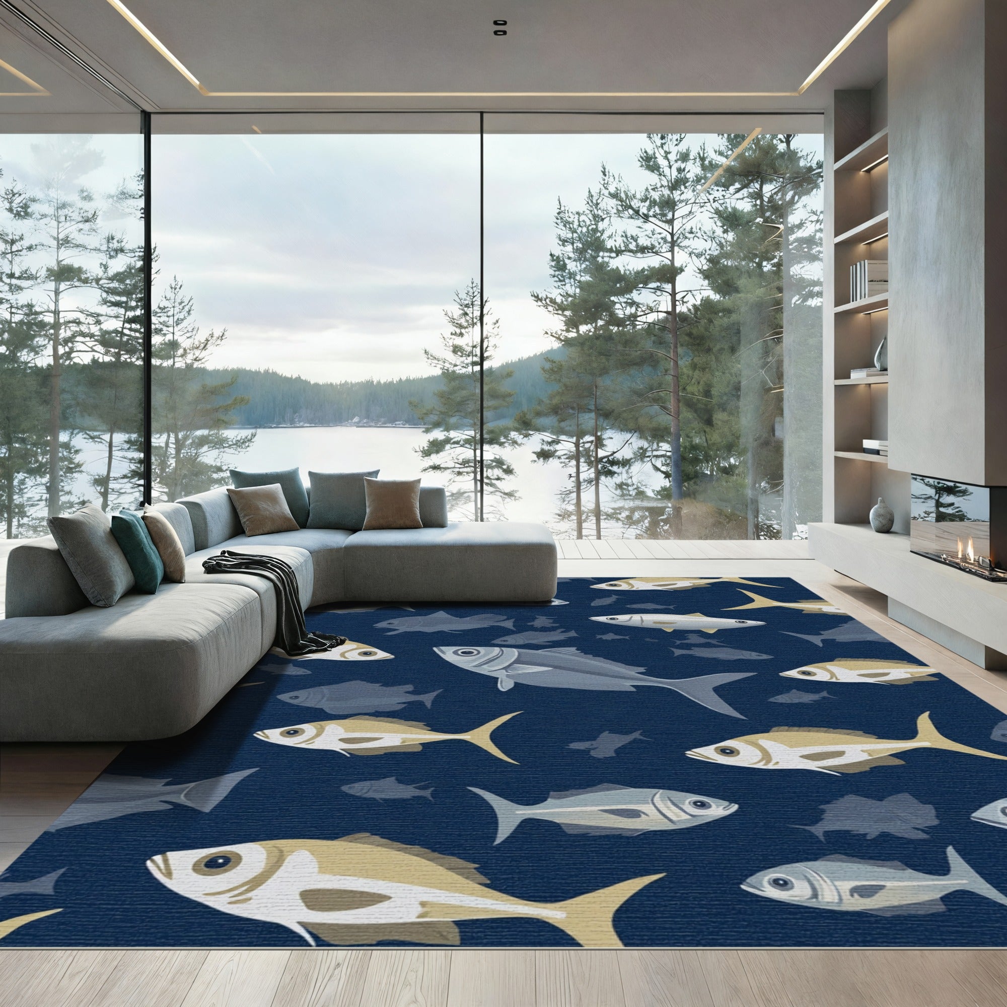 Deep Blue School of Fish Rug