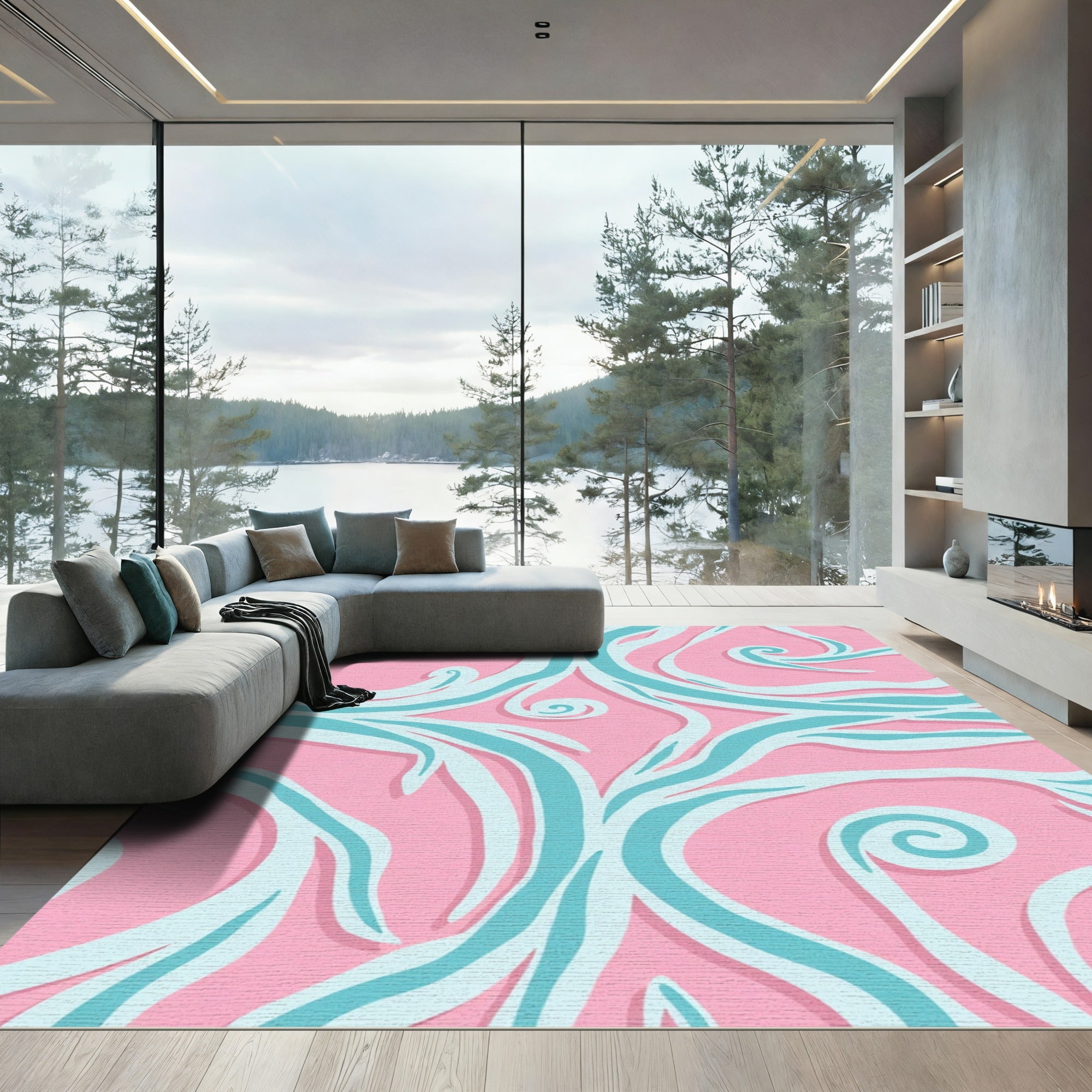 Pink and Aqua Swirl Curvy Rug