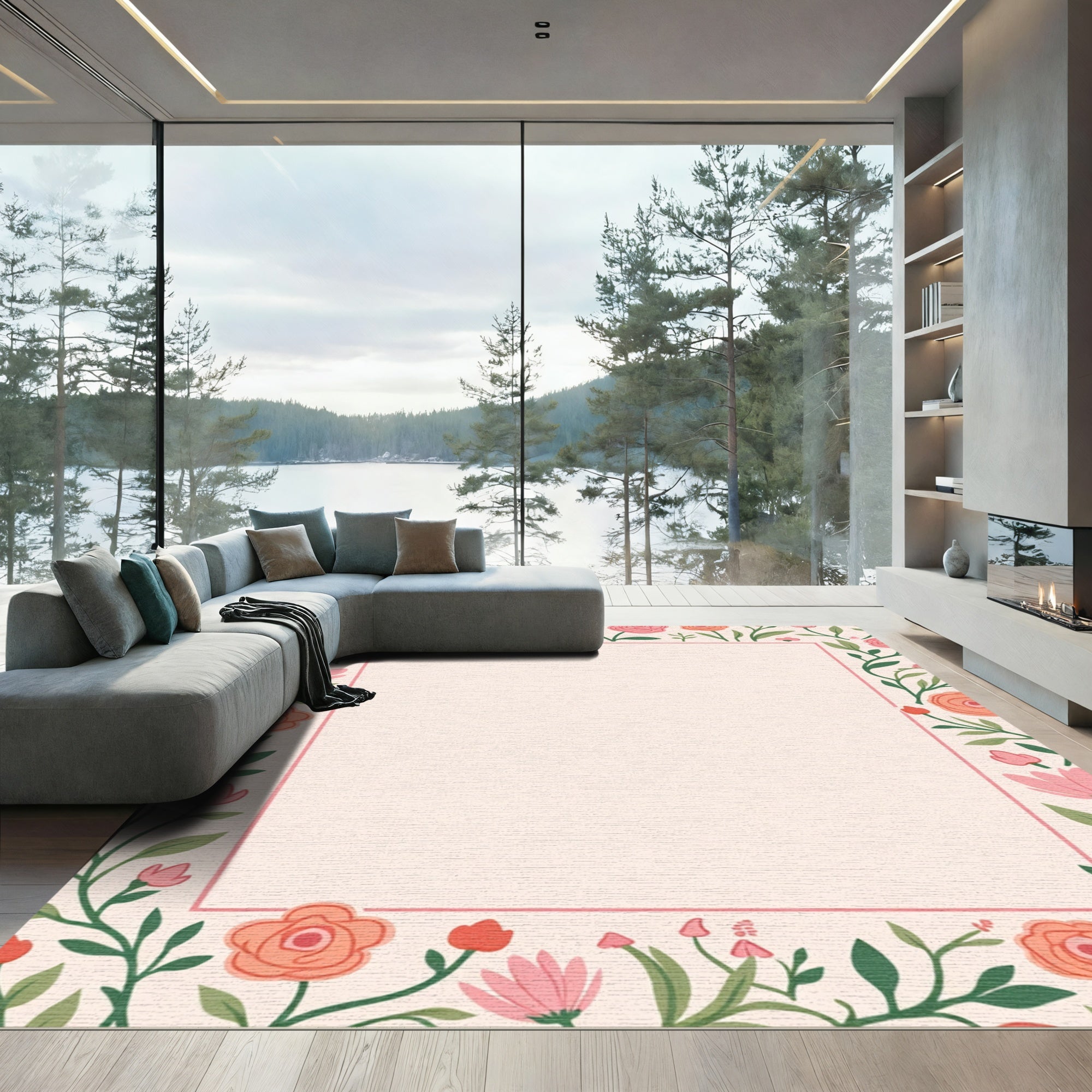 Coral Pink Floral Border Rug