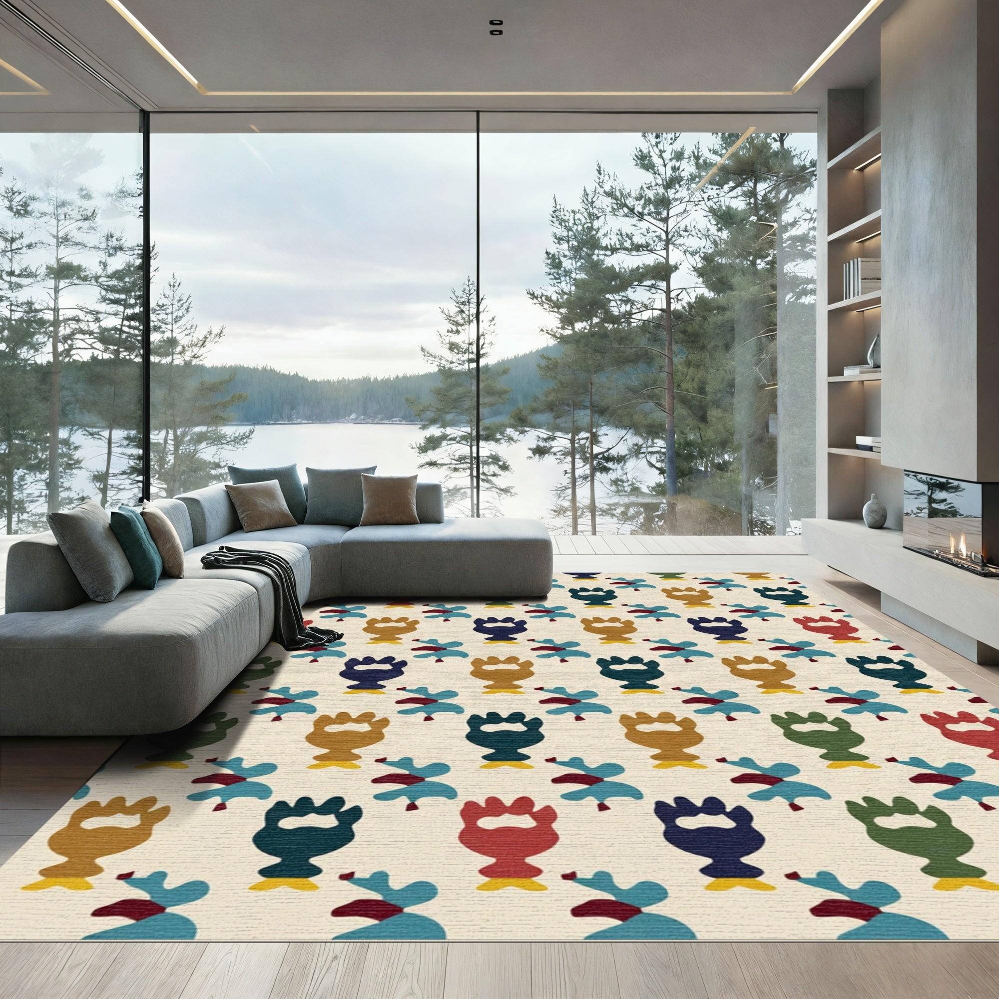 Retro Abstract Figures Cream Background Rug