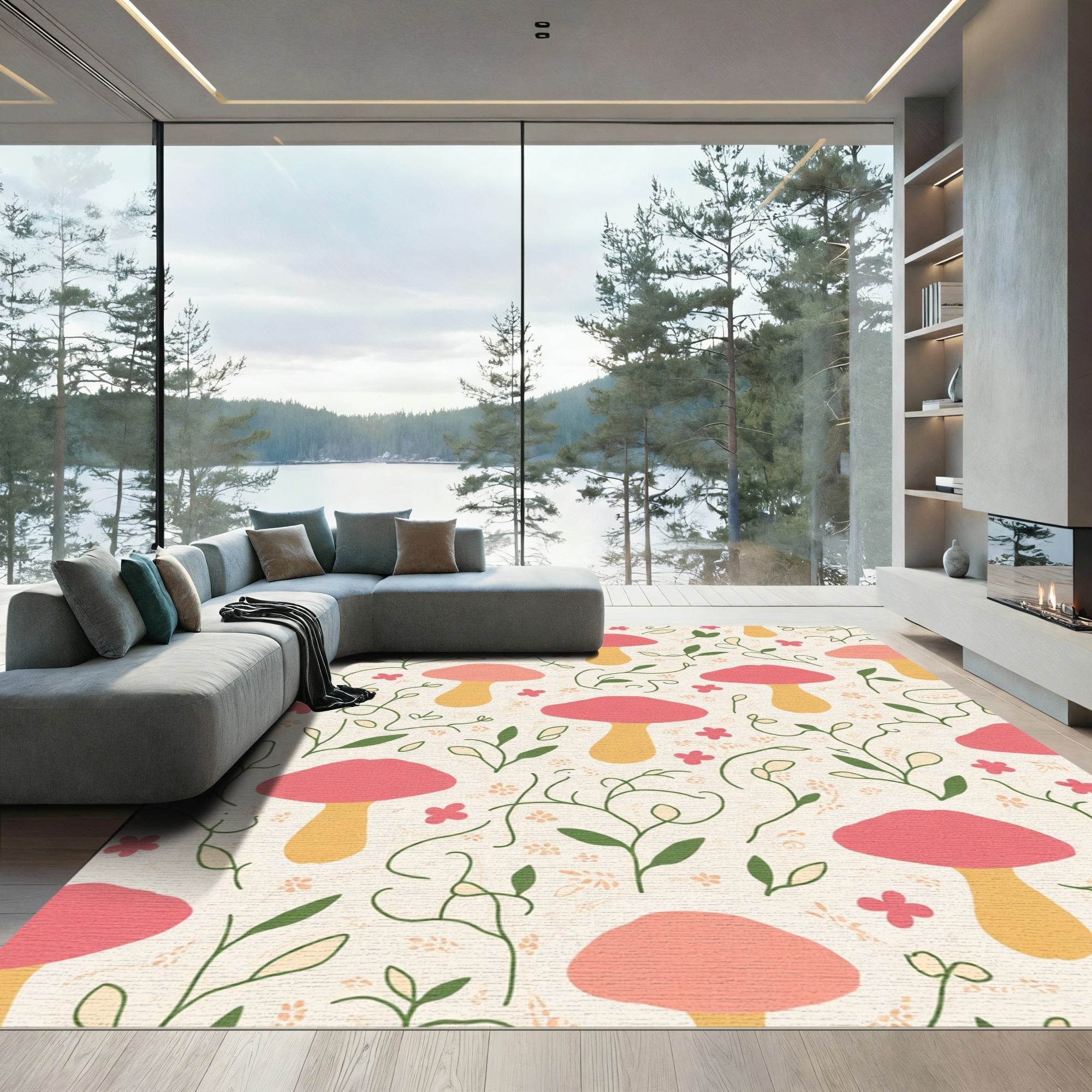 Whimsical Pink and Yellow Mushroom Garden Rug