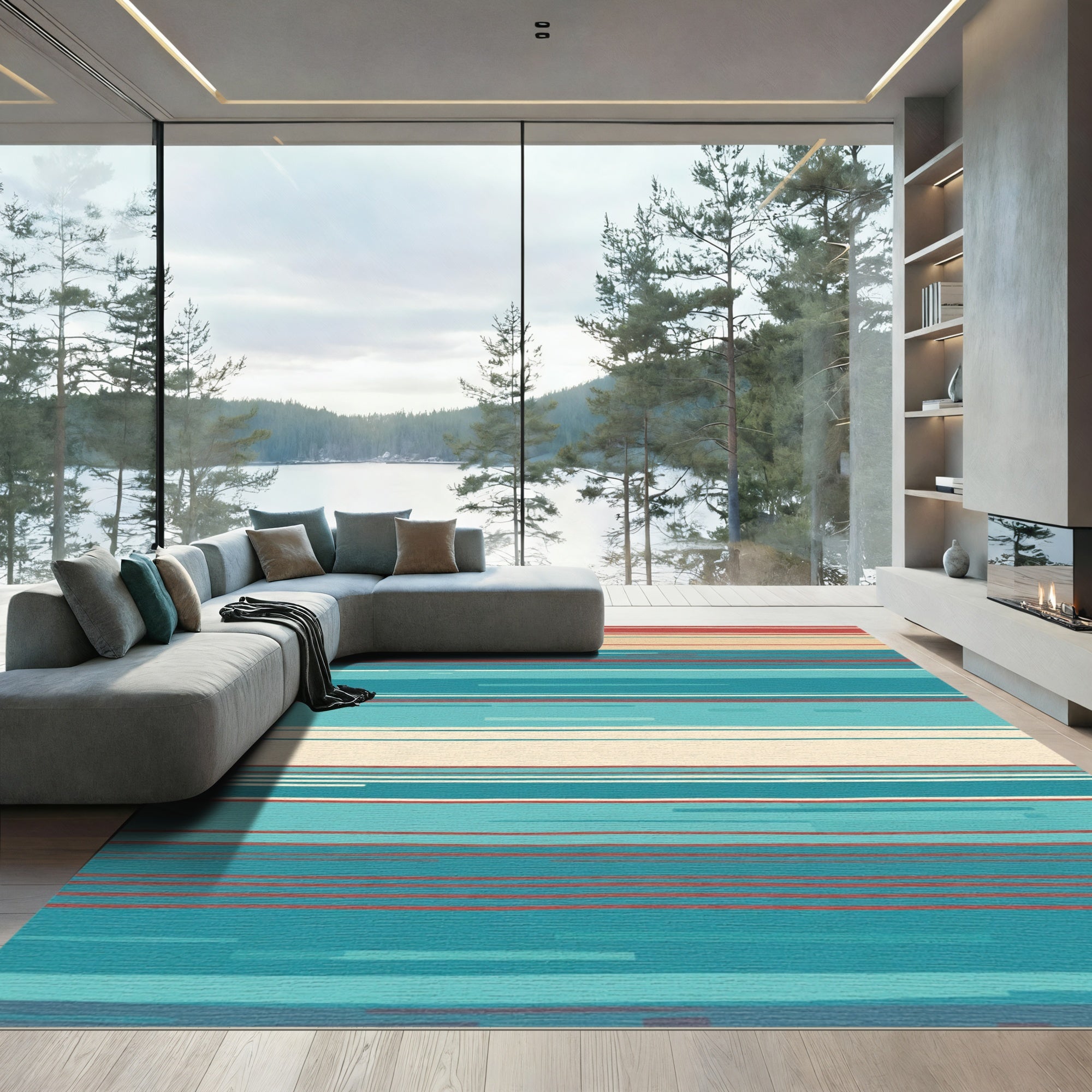 Coral Teal Cream Horizontal Stripe Rug
