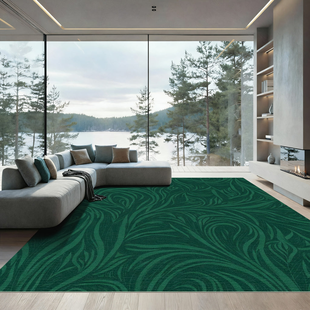 Deep Emerald Swirling Leaf Tapestry Rug