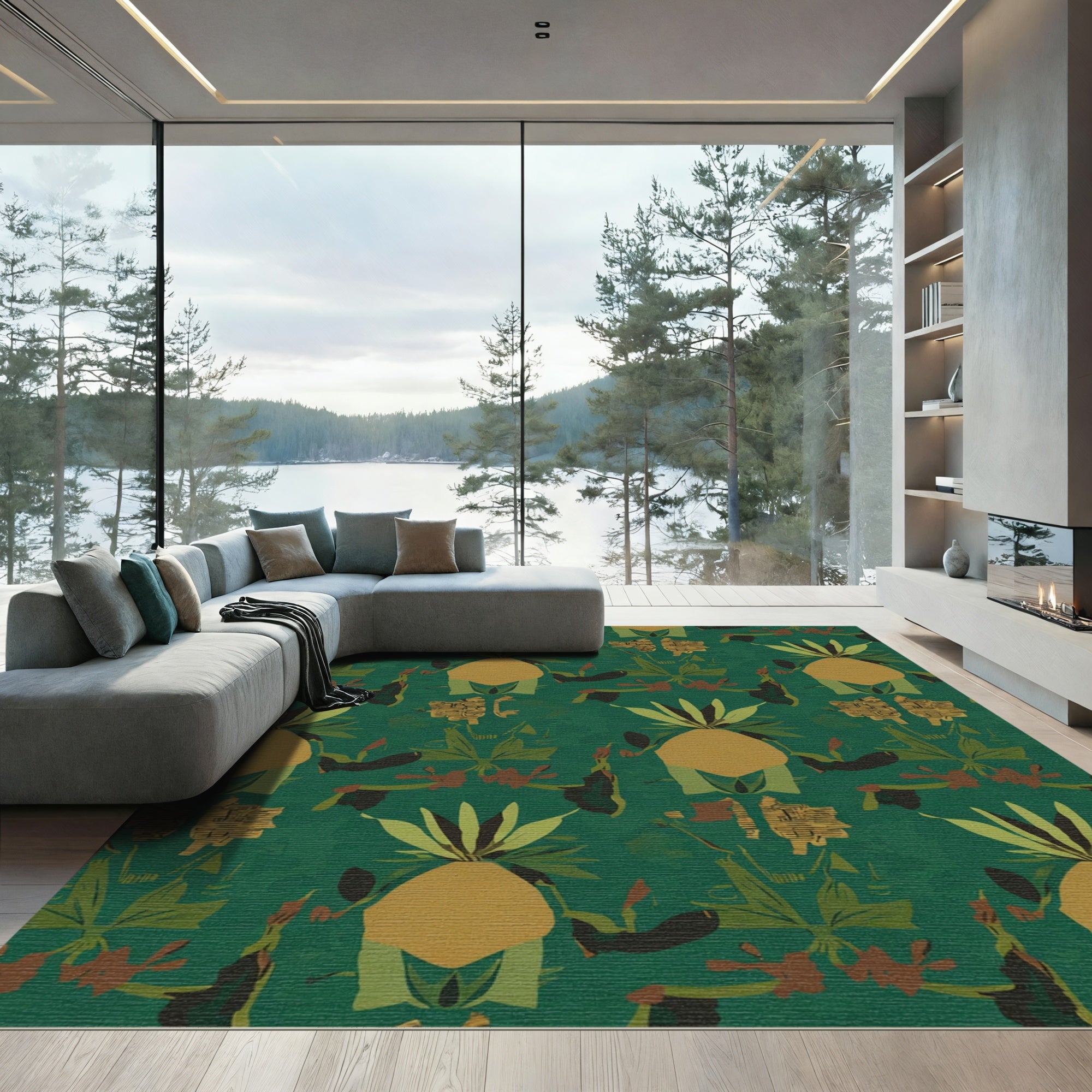 Deep Green Tropical Floral Arrangement Rug