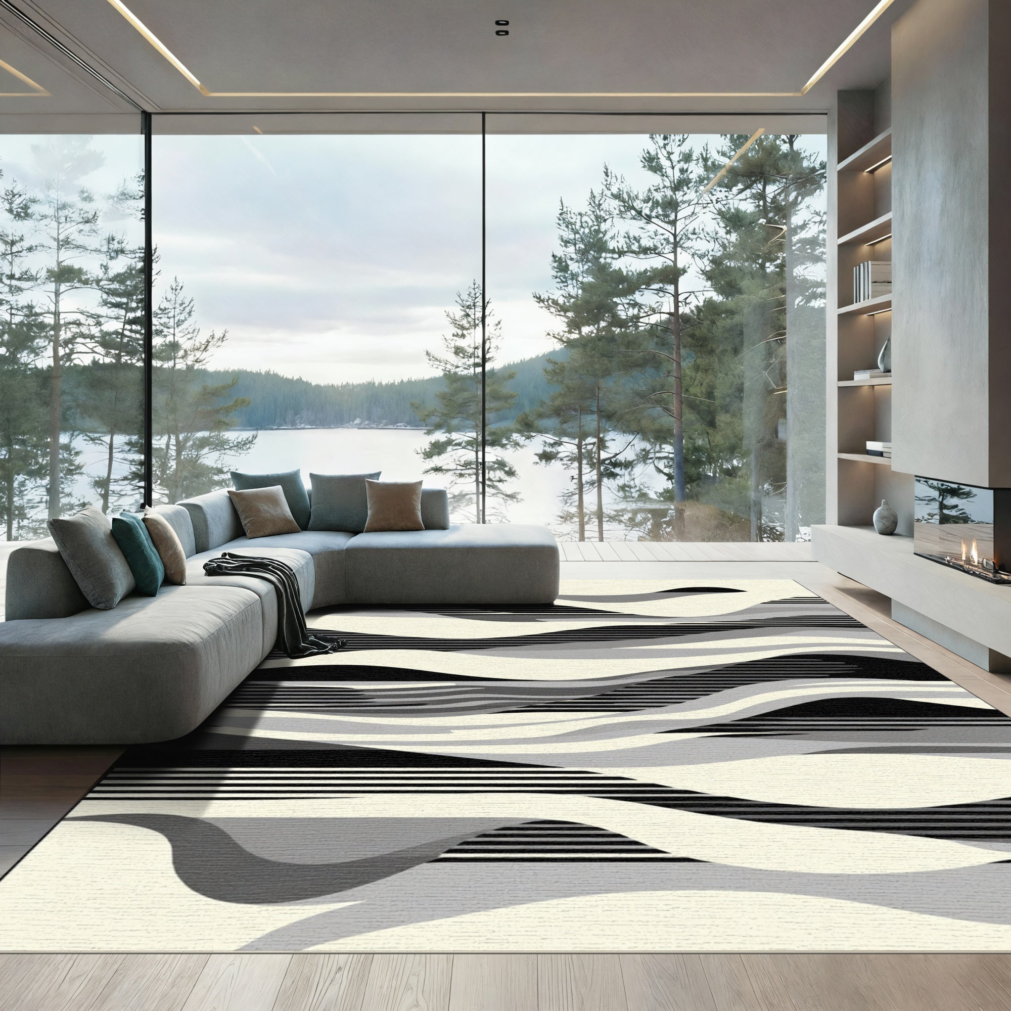 Monochrome Abstract Wave Stripes Rug