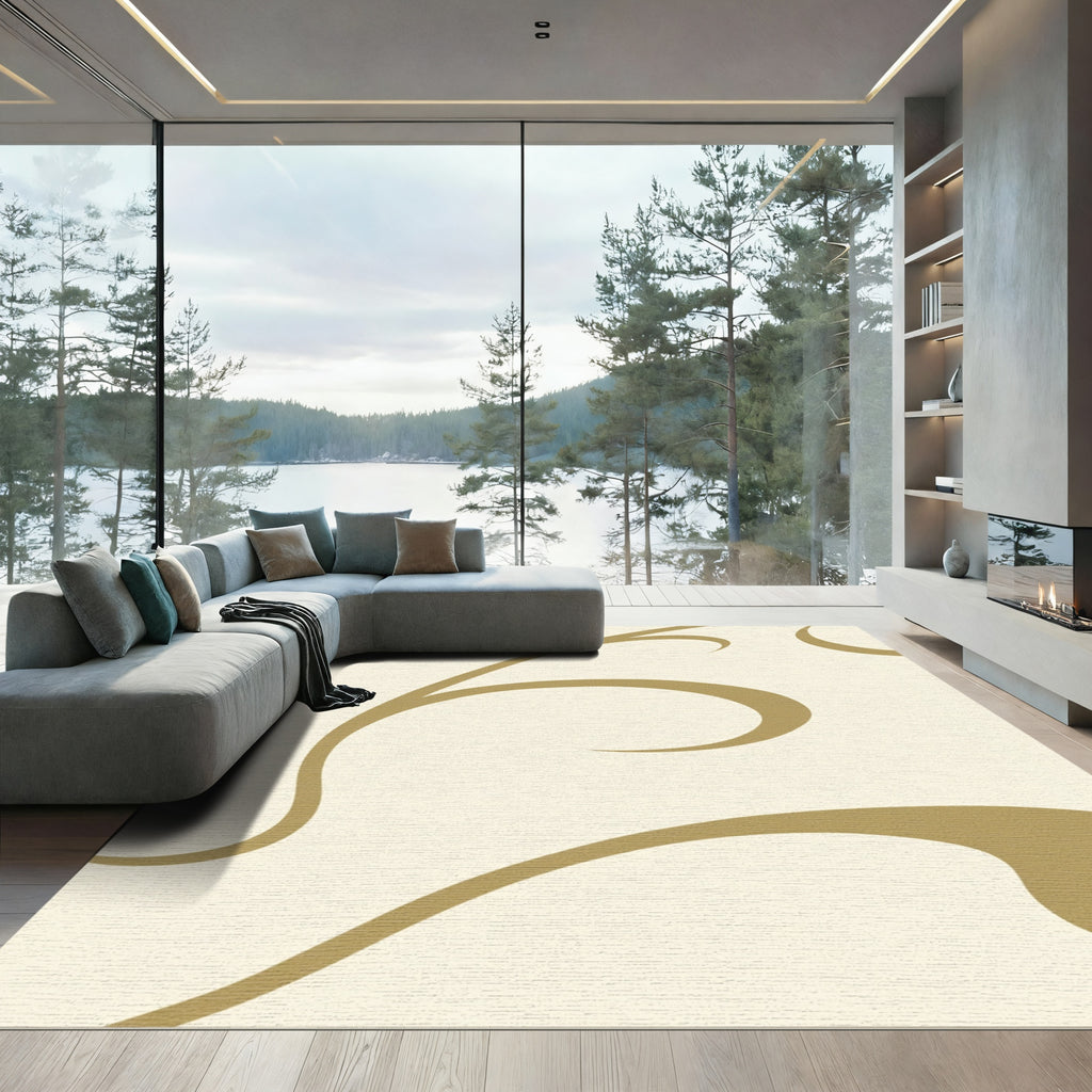 Cream Gold Swirl Abstract Rug