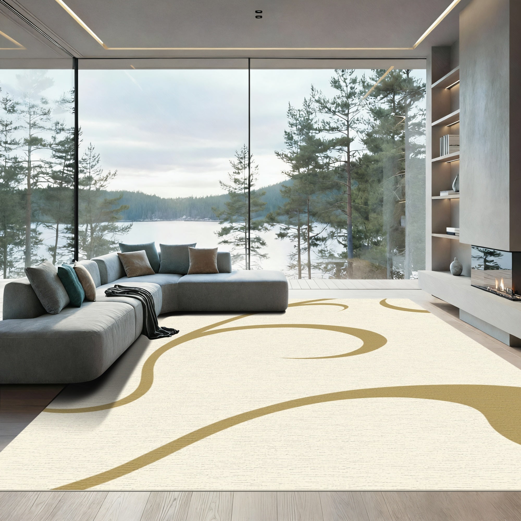 Cream Gold Swirl Abstract Rug
