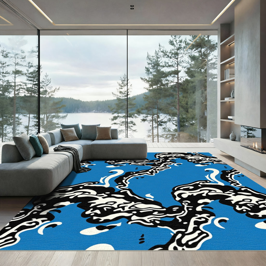 Abstract Blue Black White Swan Shapes Rug